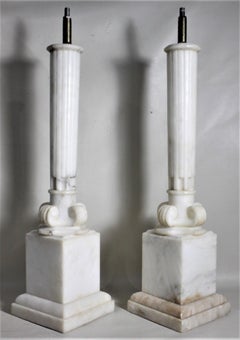 Pair of Antique Carved Alabaster Ionic Column Styled Table Lamp Bases