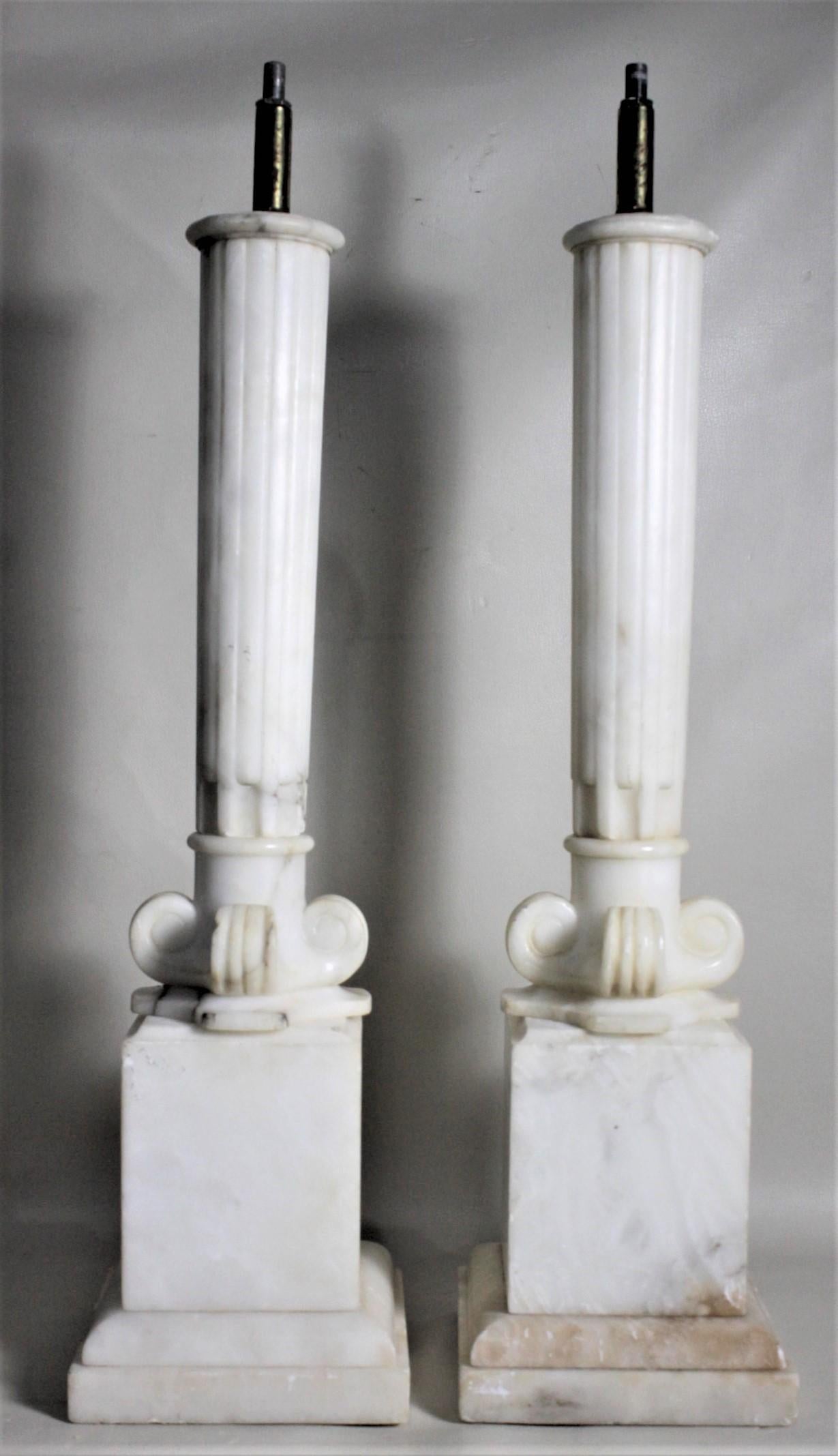 Greco Roman Pair of Antique Carved Alabaster Ionic Column Styled Table Lamp Bases