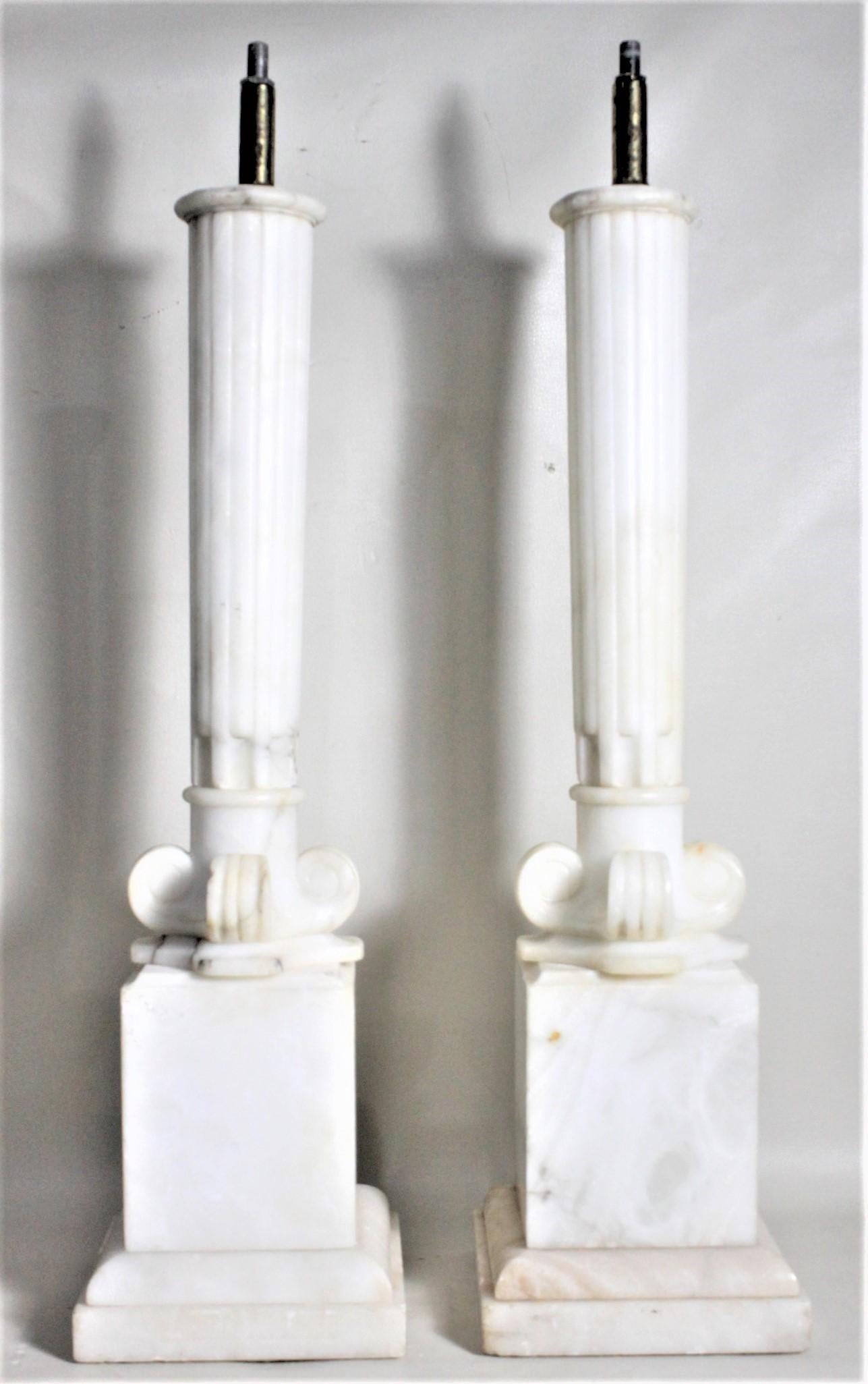 Italian Pair of Antique Carved Alabaster Ionic Column Styled Table Lamp Bases