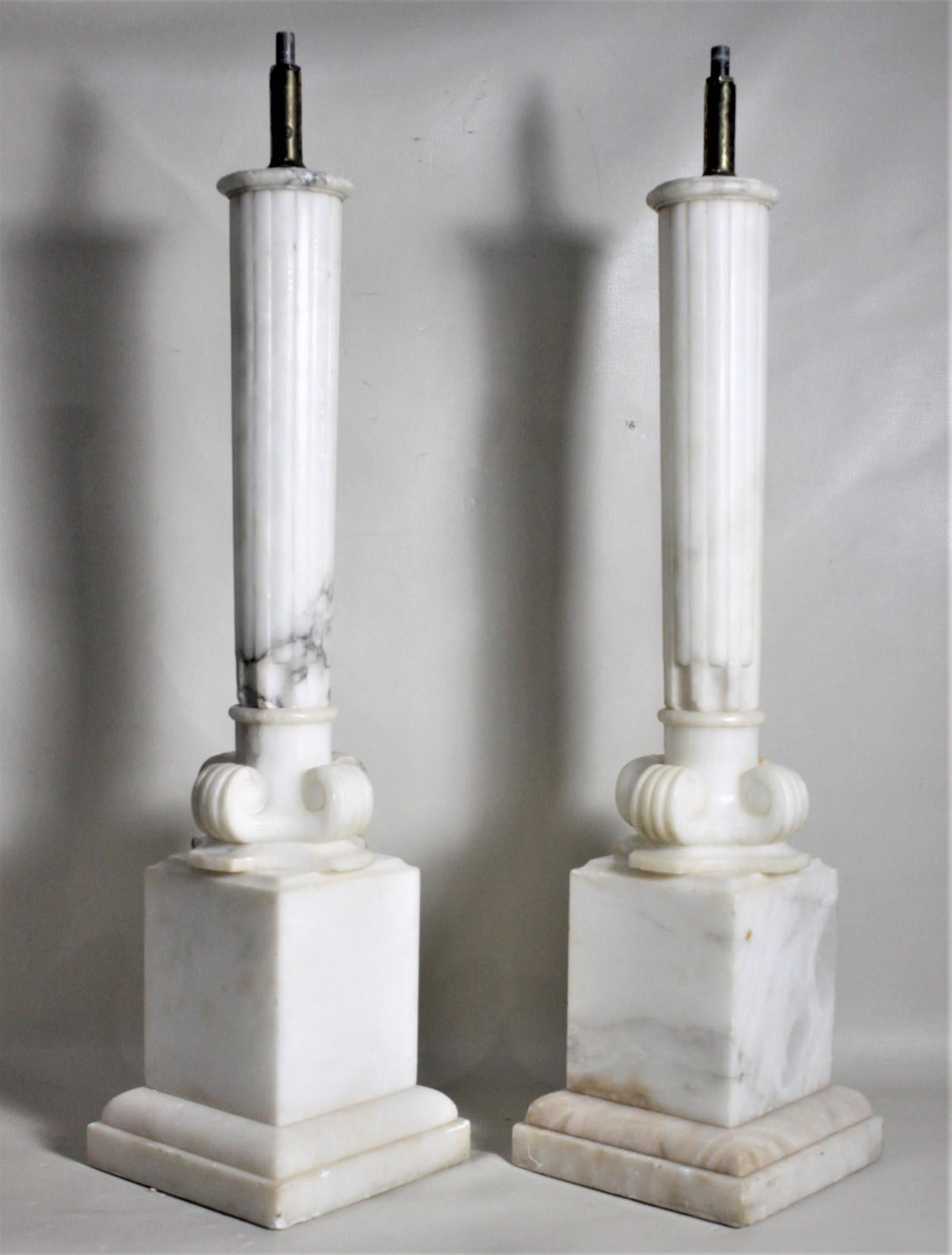 Hand-Crafted Pair of Antique Carved Alabaster Ionic Column Styled Table Lamp Bases