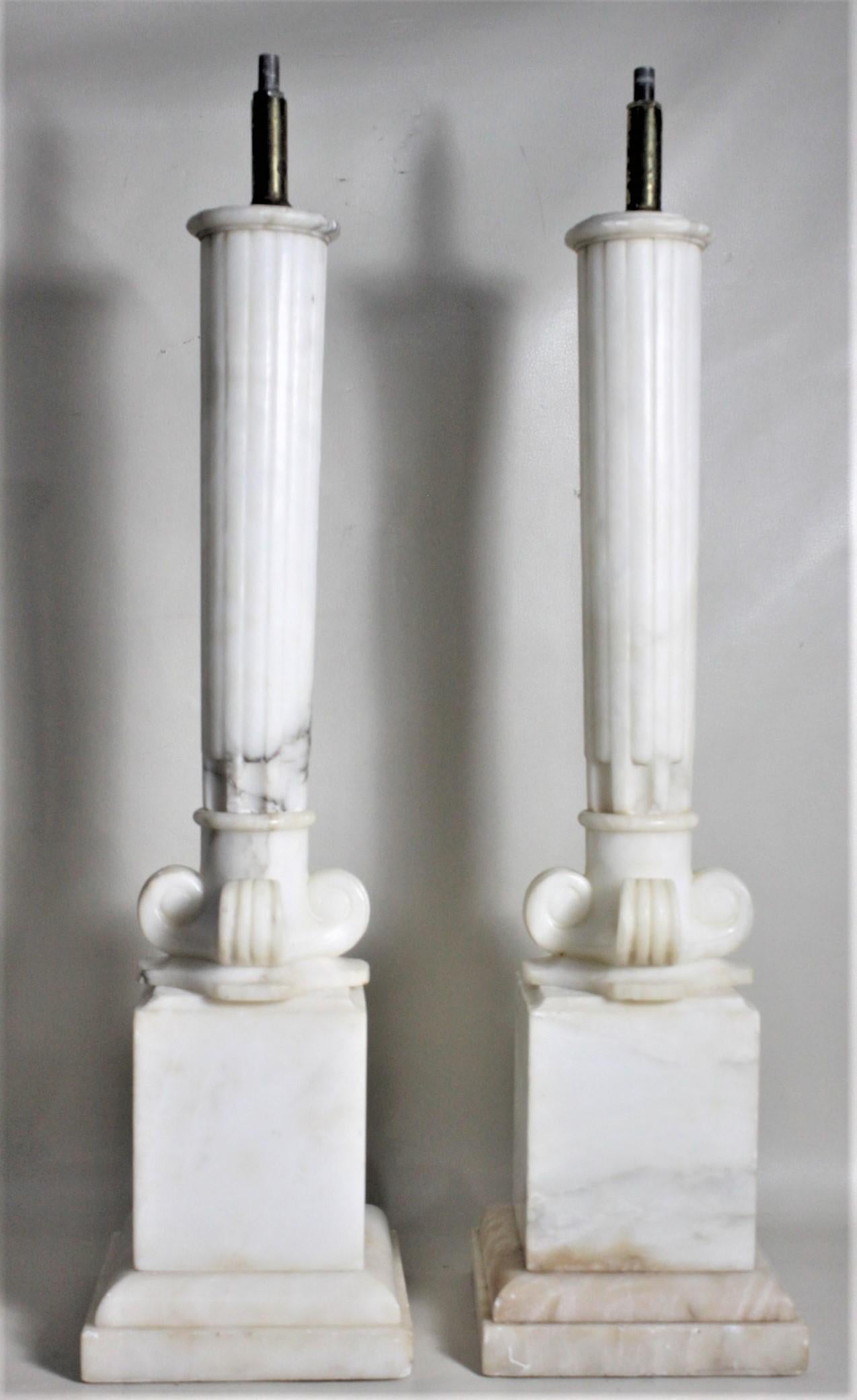 Pair of Antique Carved Alabaster Ionic Column Styled Table Lamp Bases In Good Condition In Hamilton, Ontario