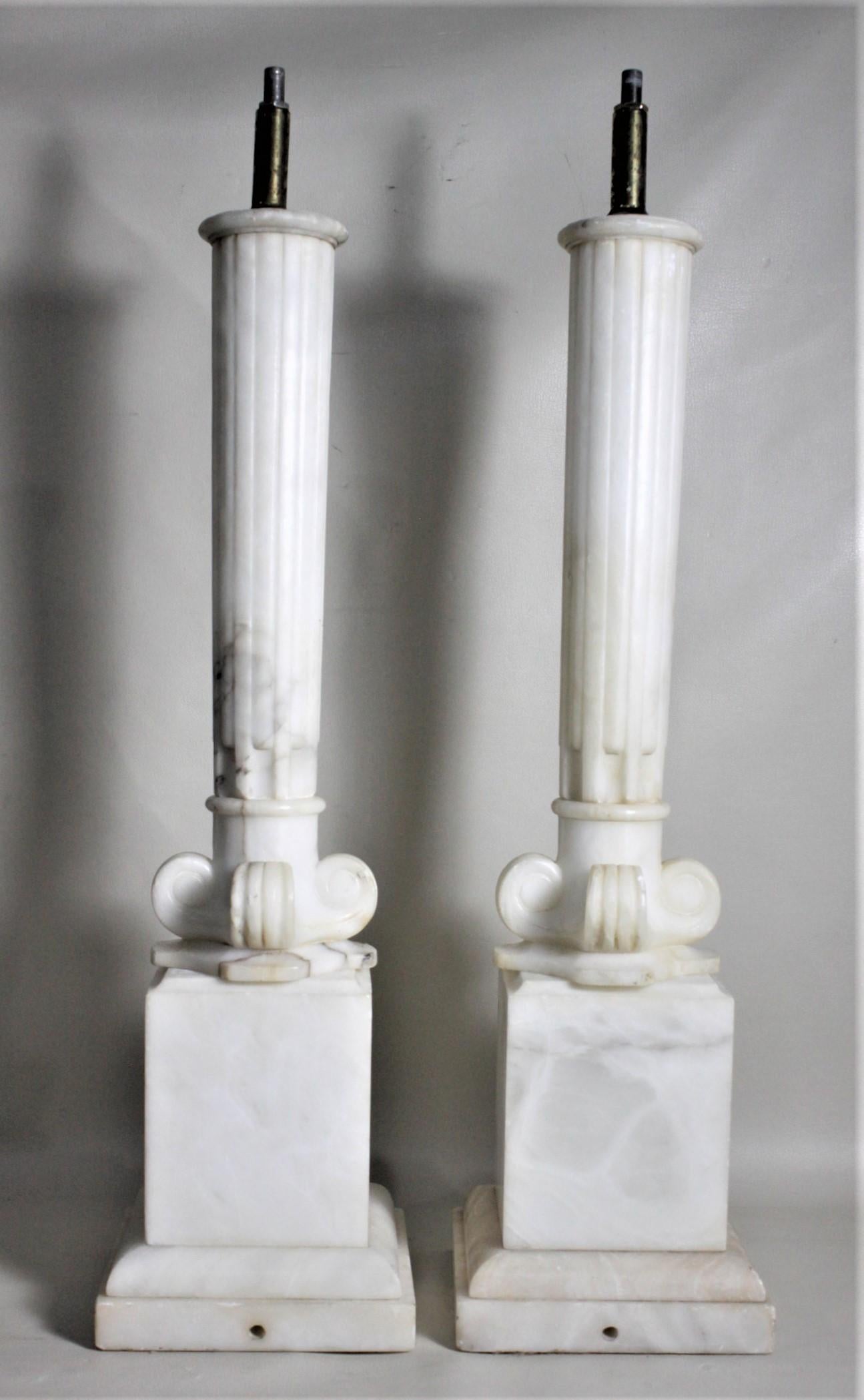 19th Century Pair of Antique Carved Alabaster Ionic Column Styled Table Lamp Bases