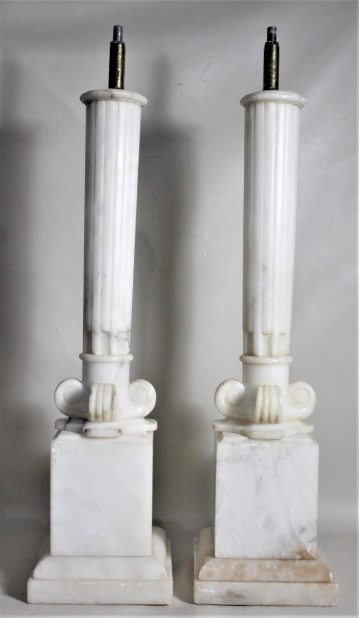 Pair of Antique Carved Alabaster Ionic Column Styled Table Lamp Bases 1