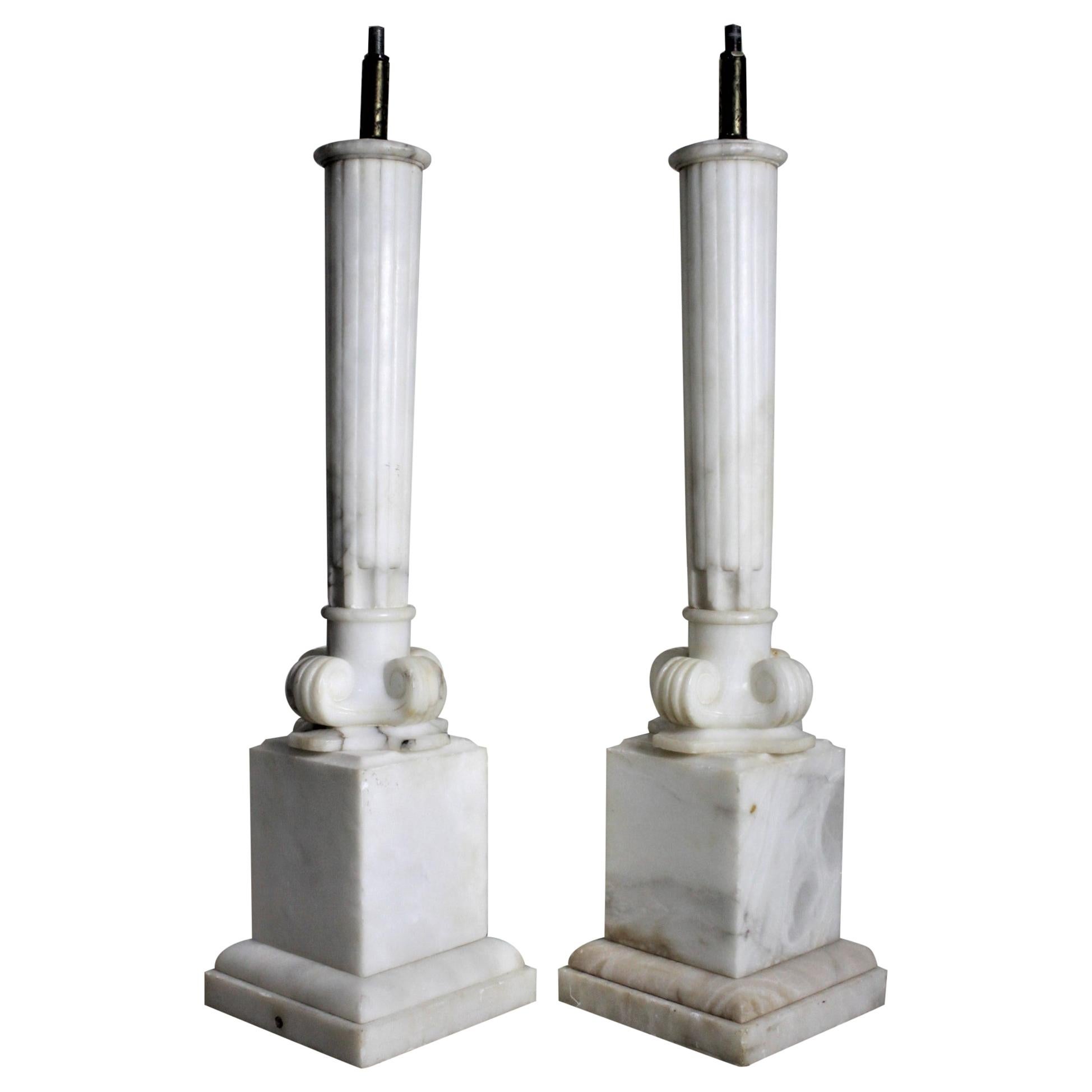 Pair of Antique Carved Alabaster Ionic Column Styled Table Lamp Bases