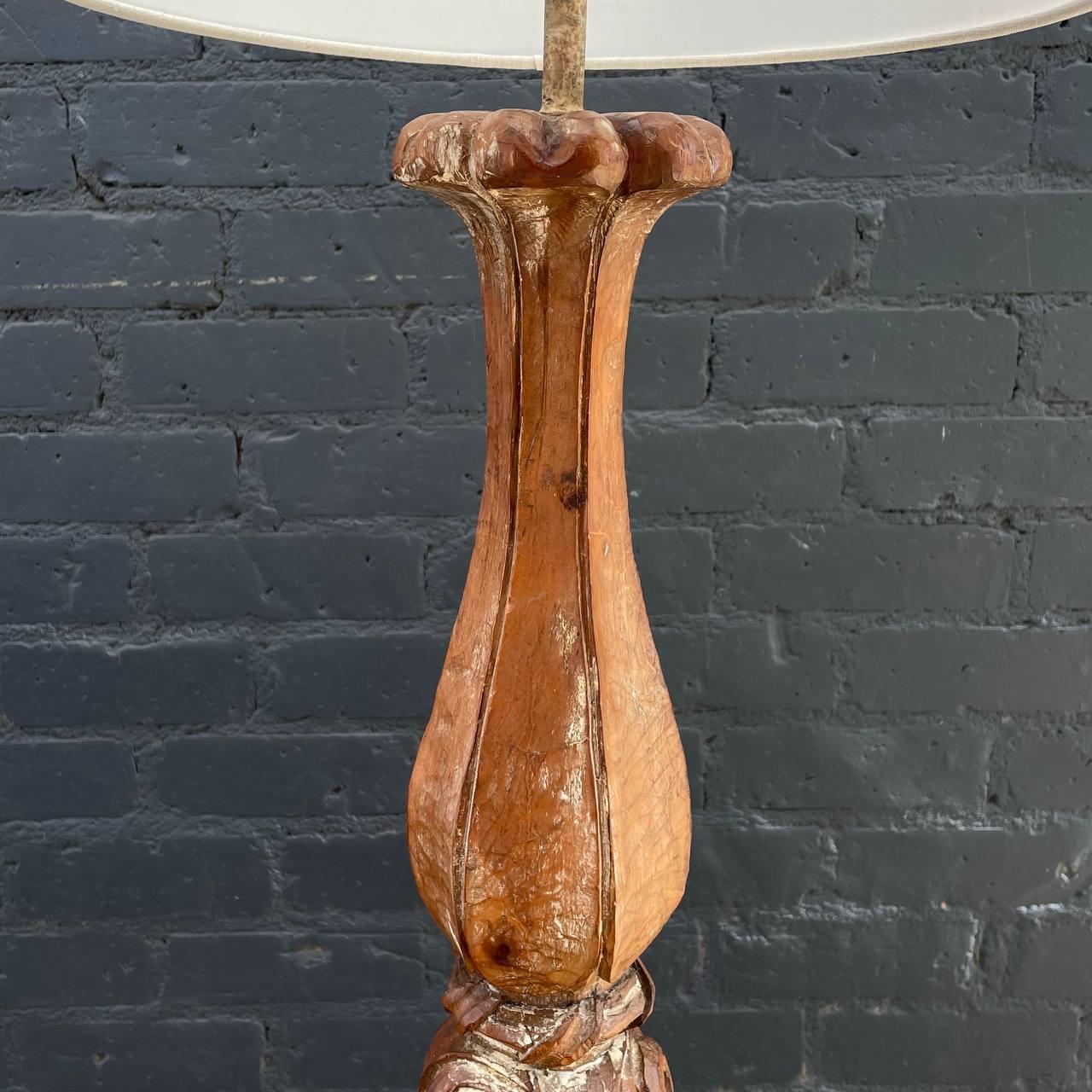 Pair of Antique Carved Italian Table Lamps with a Distressed Paint Finish For Sale 3
