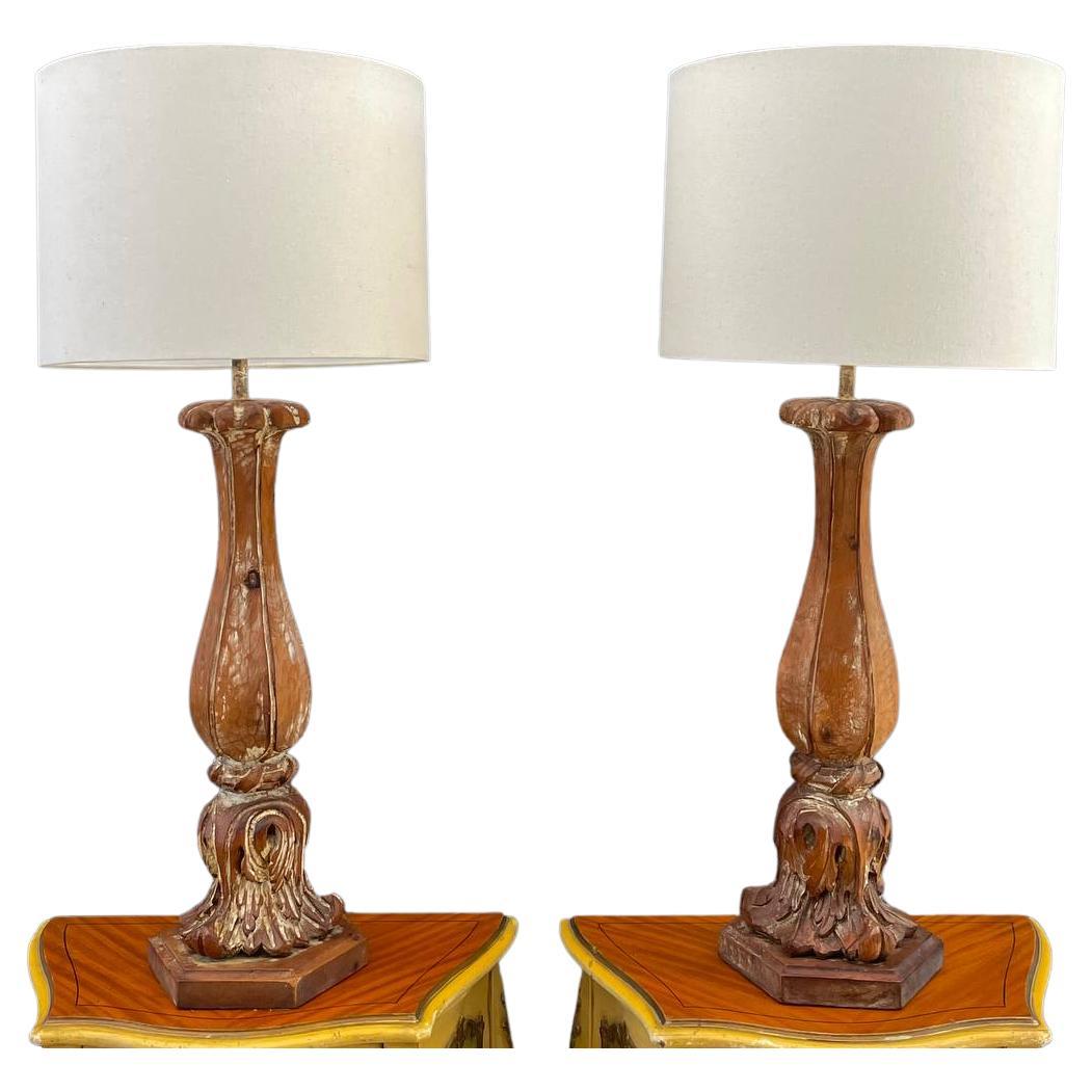 Pair of Antique Carved Italian Table Lamps with a Distressed Paint Finish For Sale