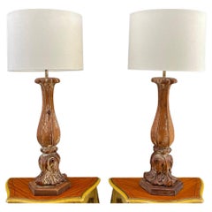 Pair of Antique Carved Italian Table Lamps with a Distressed Paint Finish