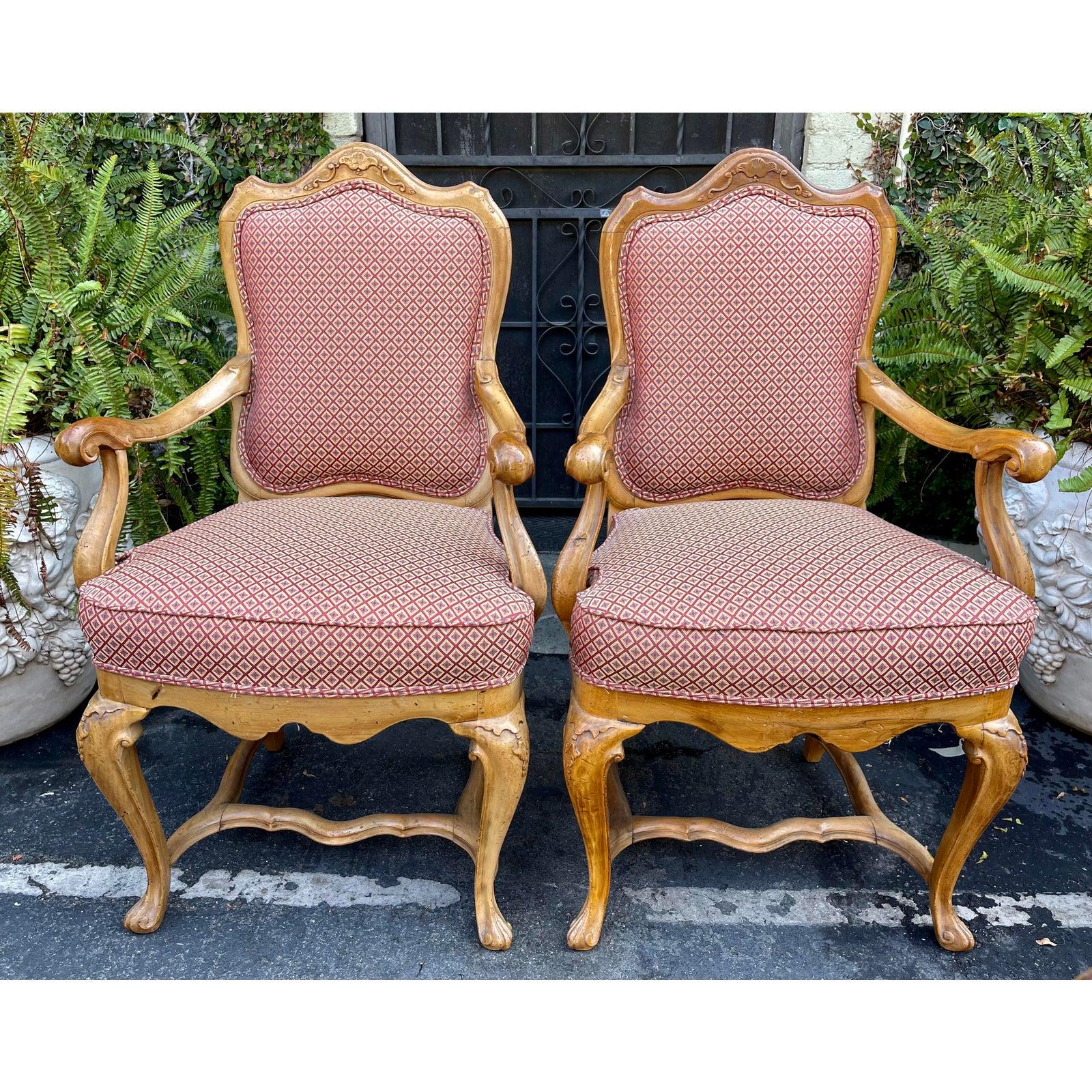 Pair of Antique Carved Italian Walnut Arm Chairs In Good Condition In LOS ANGELES, CA