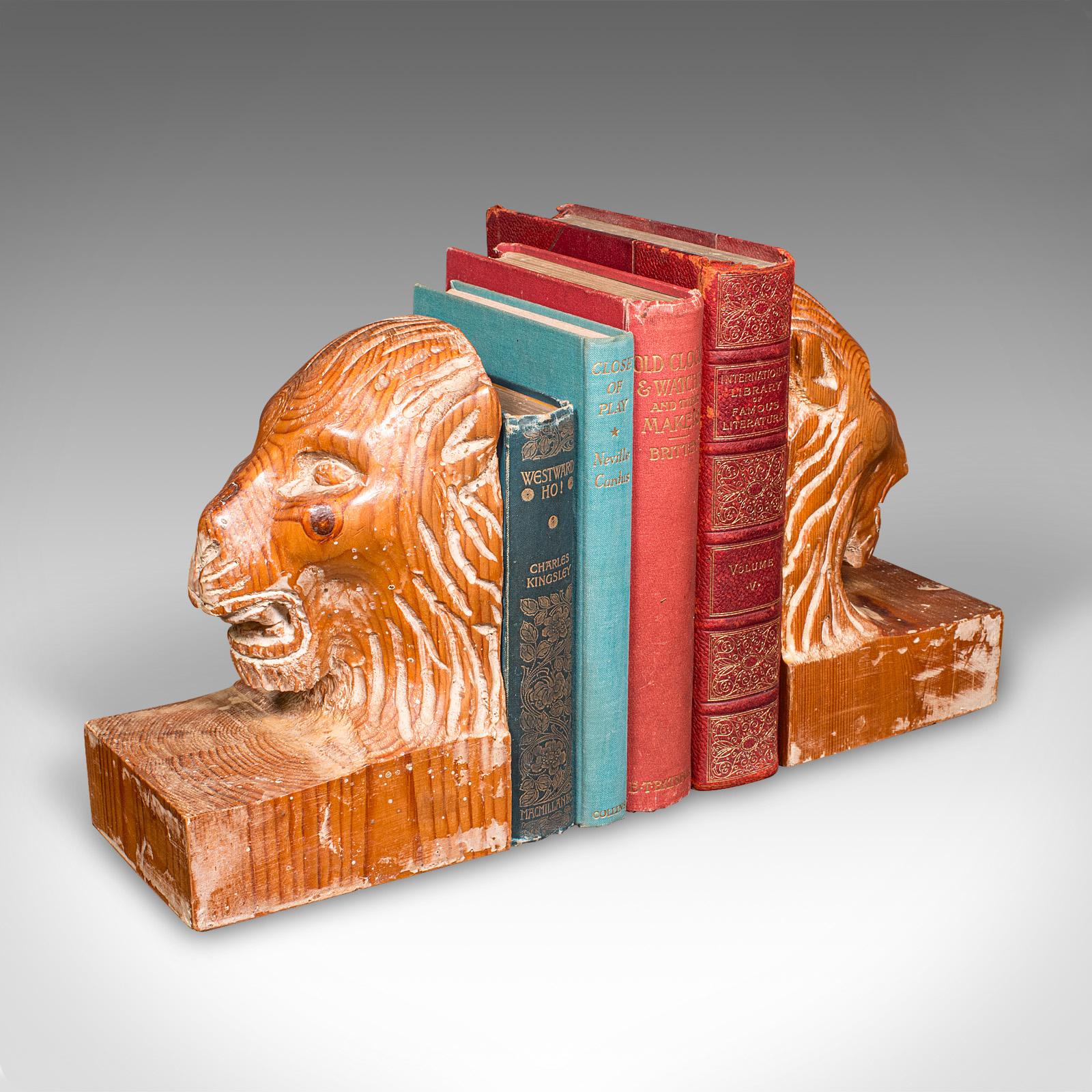 Pair of Antique Carved Lion Bookends, English Pine, Georgian Revival, Edwardian For Sale 6