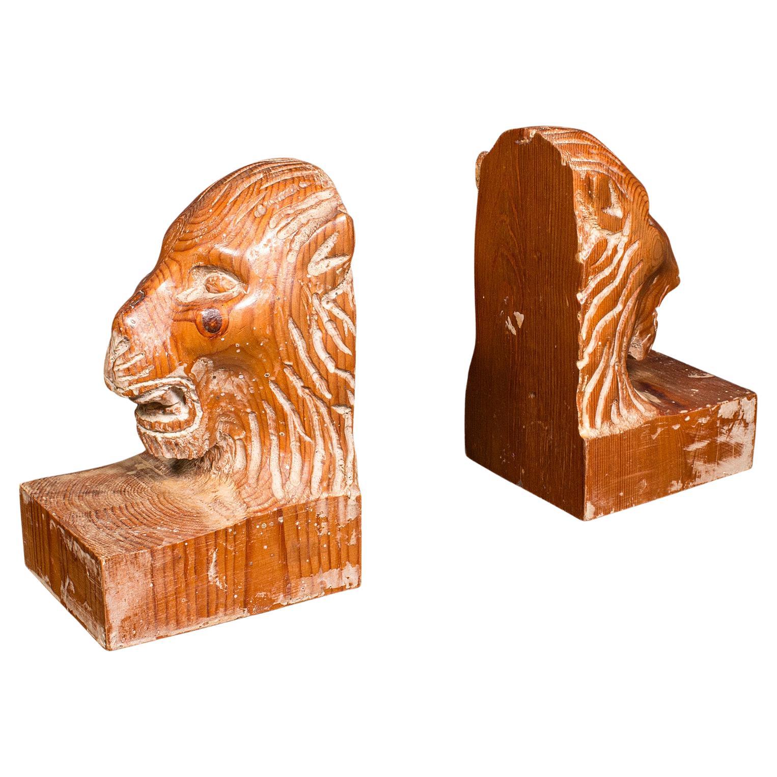 Pair of Antique Carved Lion Bookends, English Pine, Georgian Revival, Edwardian For Sale