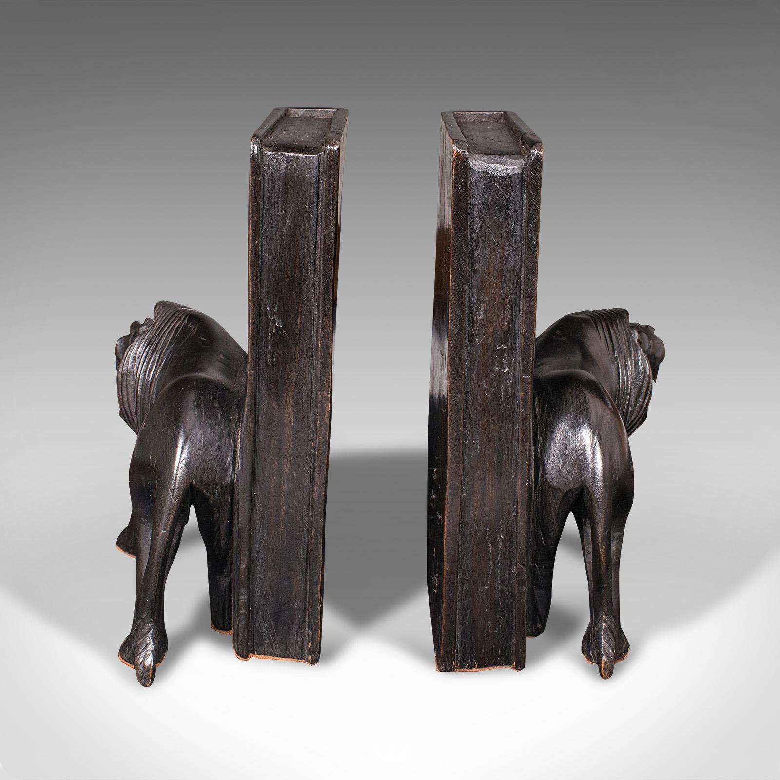 Late Victorian Pair of Antique Carved Lion Bookends, Oriental, Ebonised, Book Rest, Victorian For Sale