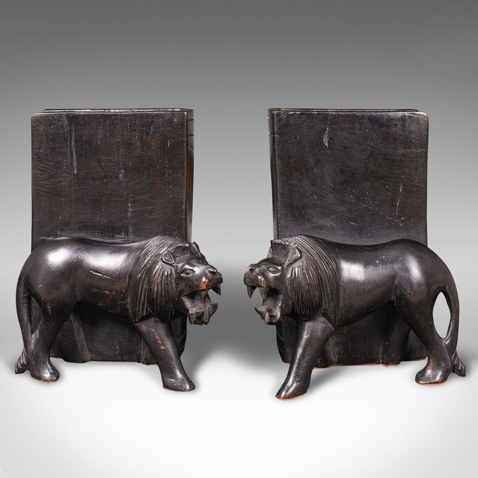 Chinese Pair of Antique Carved Lion Bookends, Oriental, Ebonised, Book Rest, Victorian For Sale
