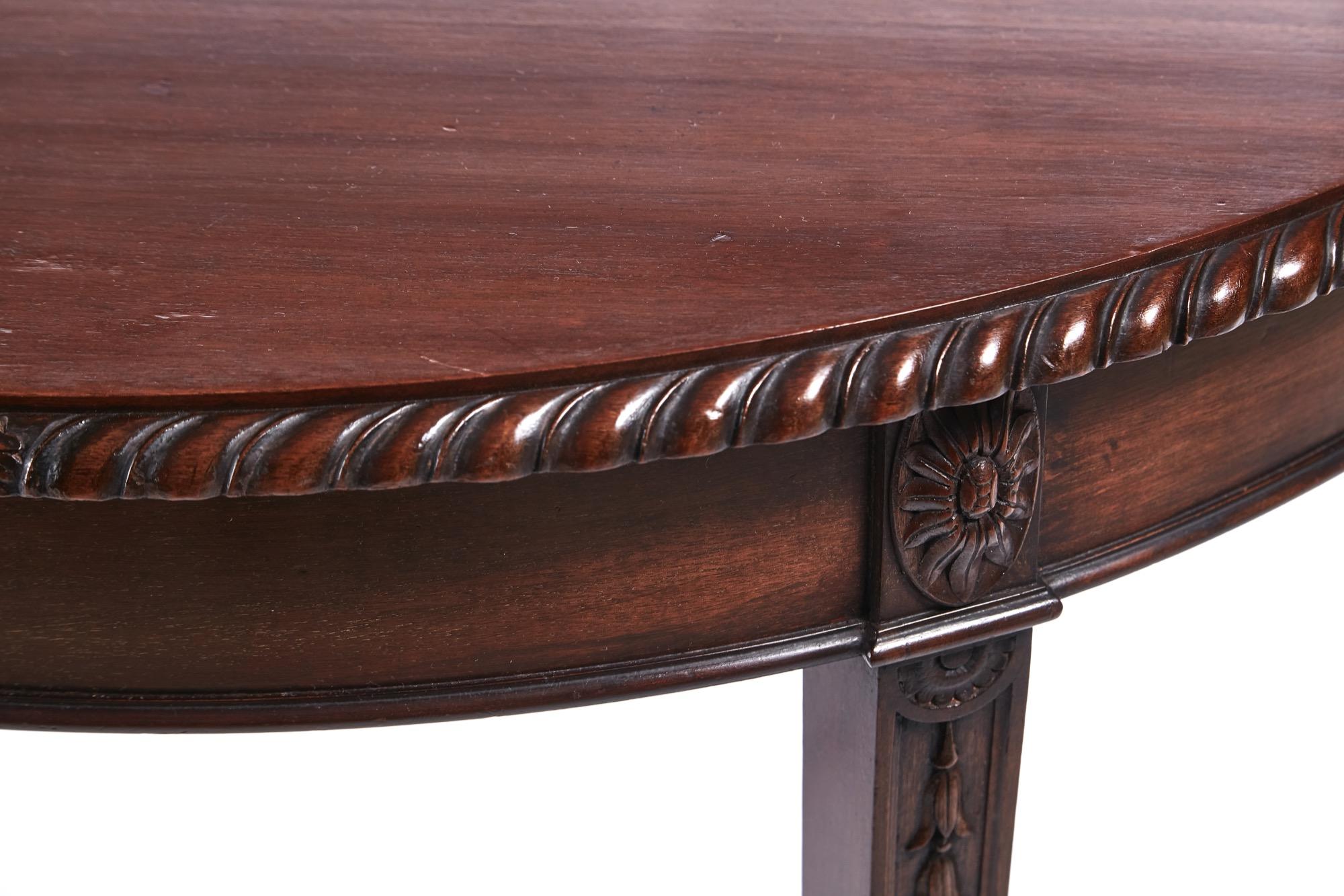 Victorian Pair of Antique Carved Mahogany Demilune Console Tables For Sale