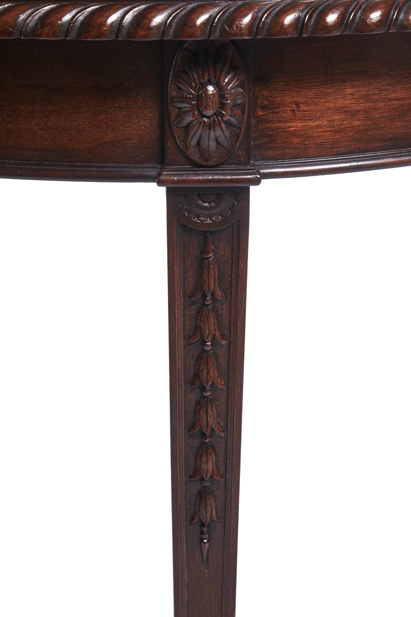 European Pair of Antique Carved Mahogany Demilune Console Tables For Sale