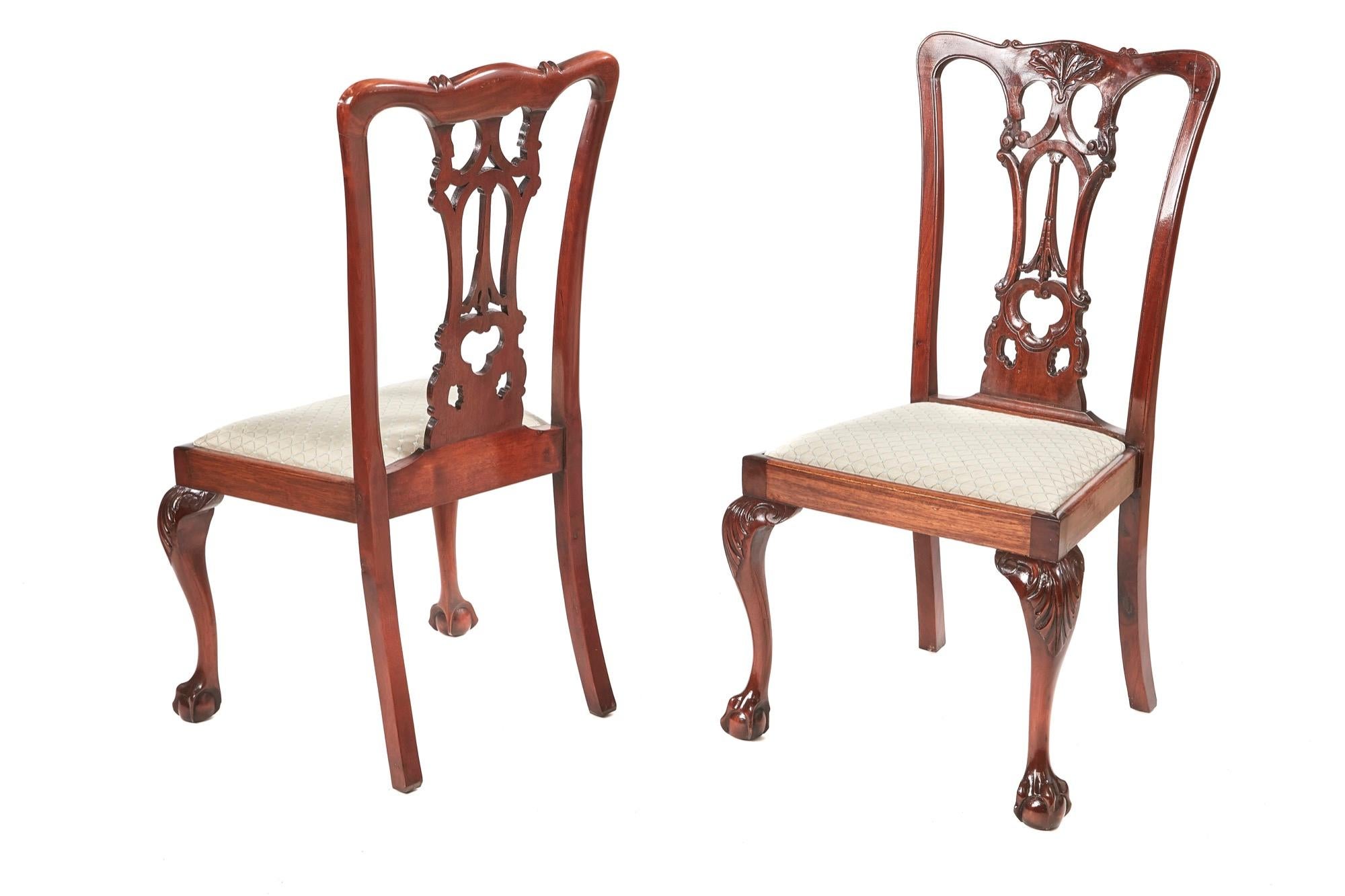Pair of antique carved mahogany side chairs, with lovely carved shaped backs,drop in seats,standing on carved shaped cabriole legs with claw and ball feet to the front outswept back legs
lovely color and condition
22