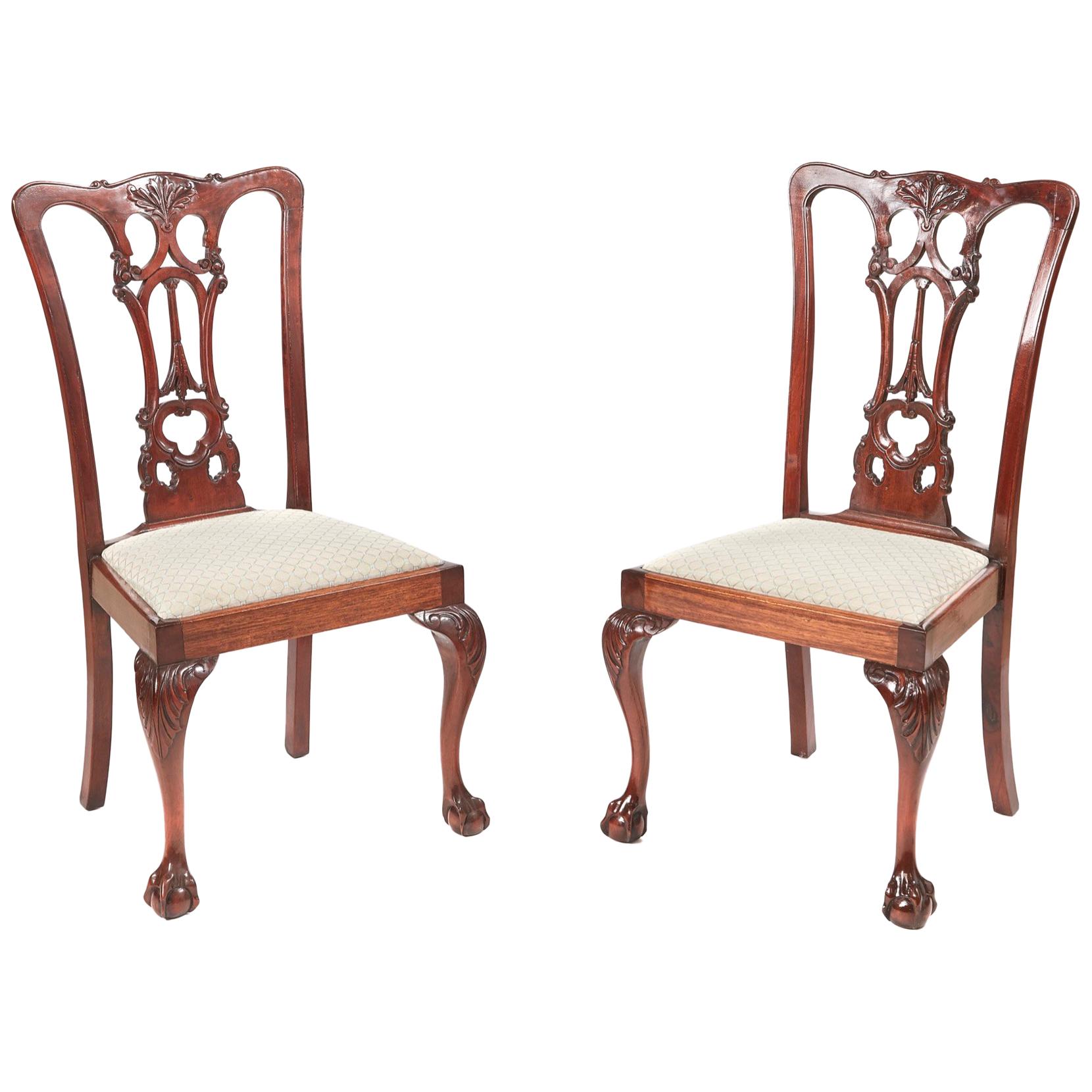 Pair of Antique Carved Mahogany Side Chairs For Sale