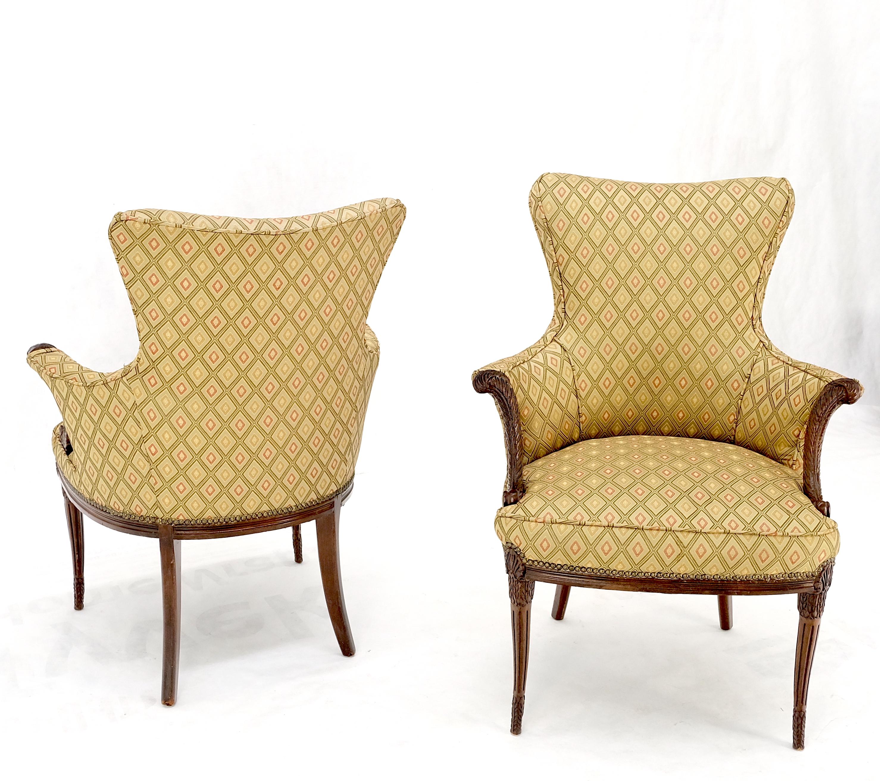 Pair of Antique Carved Mahogany Upholstered  Fireside Arm Chairs  For Sale 1