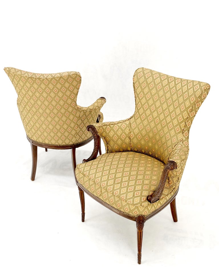 Pair of Antique Carved Mahogany Upholstered Fireside Arm Chairs For