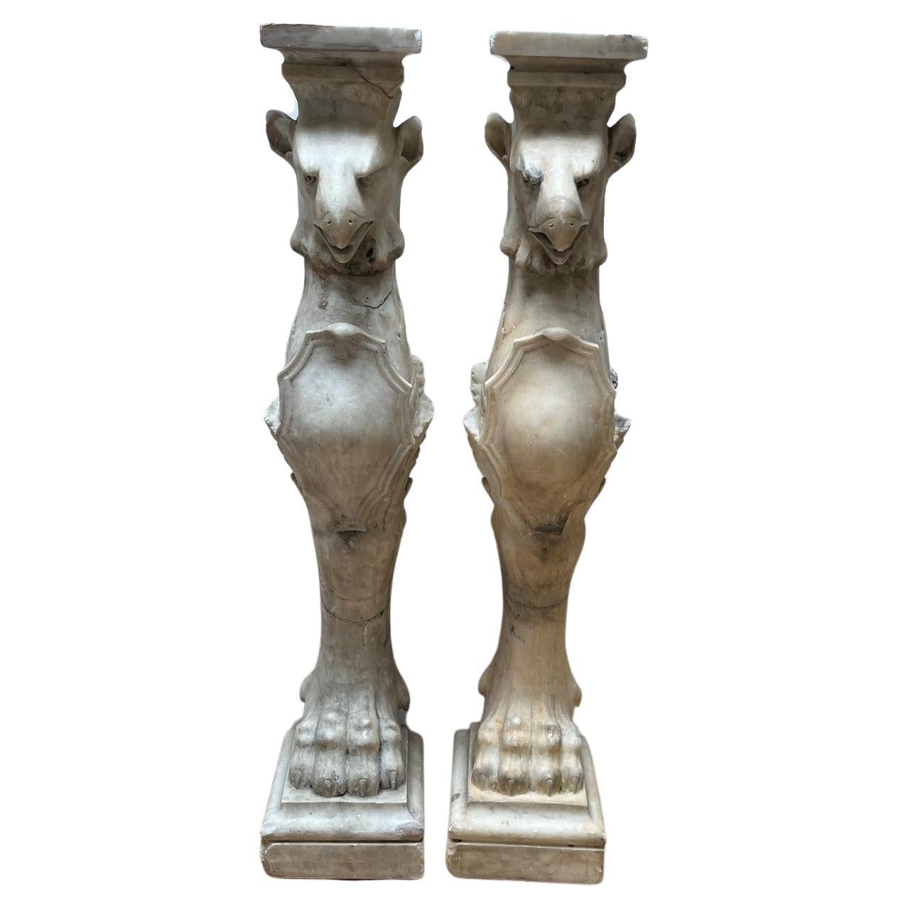 Pair of Antique Carved Marble Gargoyle Pedestals For Sale