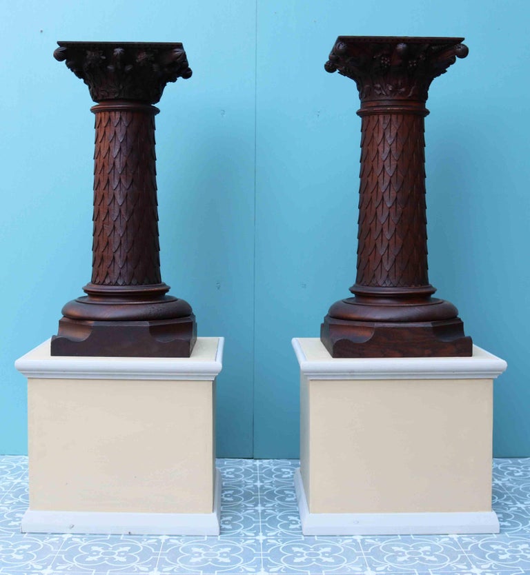 Pair of Antique Carved Oak Column Pedestals For Sale at 1stdibs