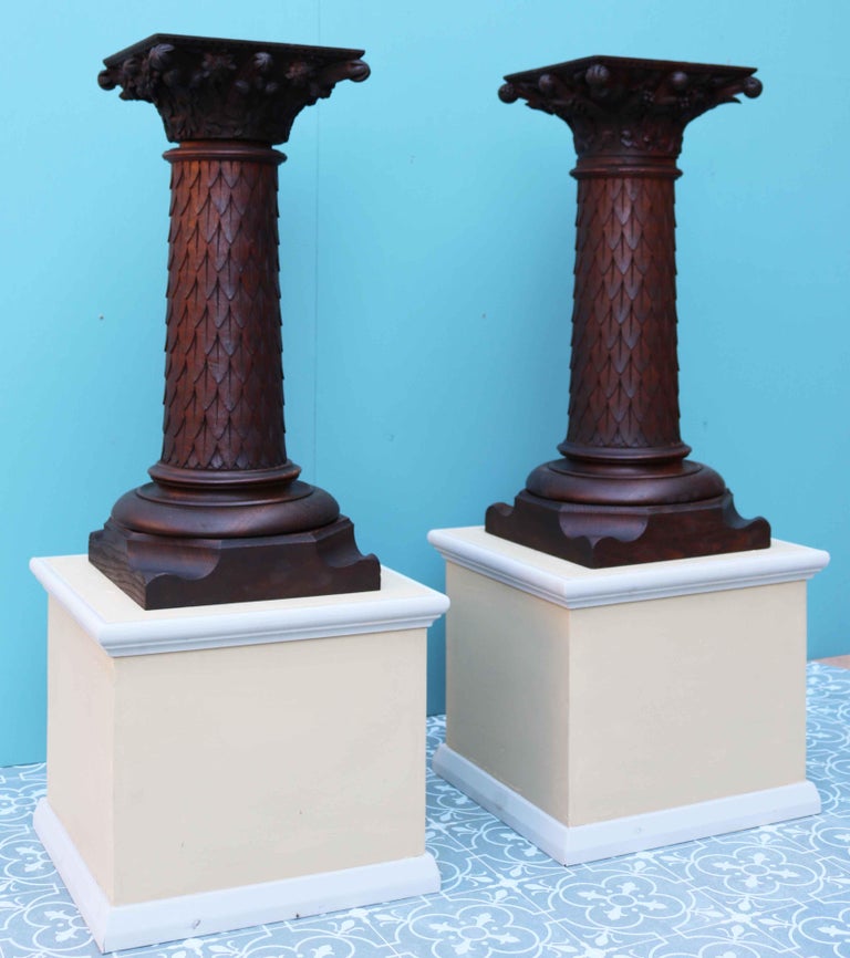 Pair of Antique Carved Oak Column Pedestals For Sale at 1stdibs