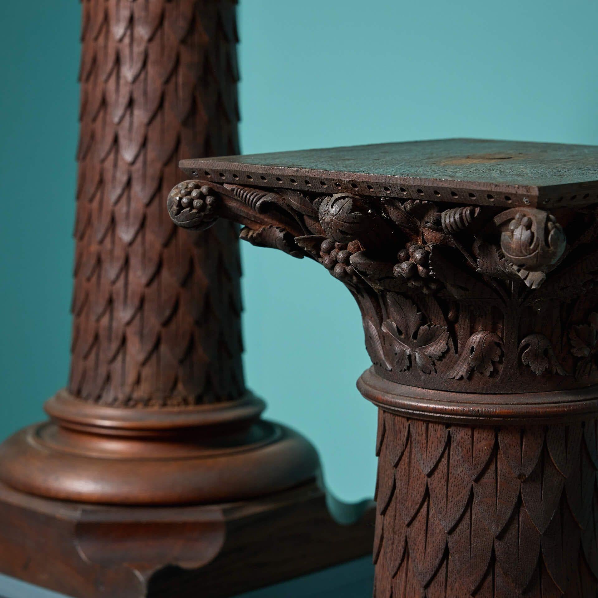 Victorian Pair of Antique Carved Oak Column Pedestals For Sale