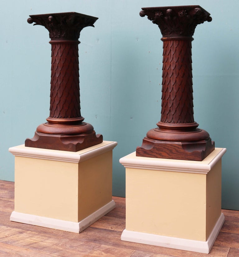 Pair of Antique Carved Oak Column Pedestals For Sale at 1stDibs