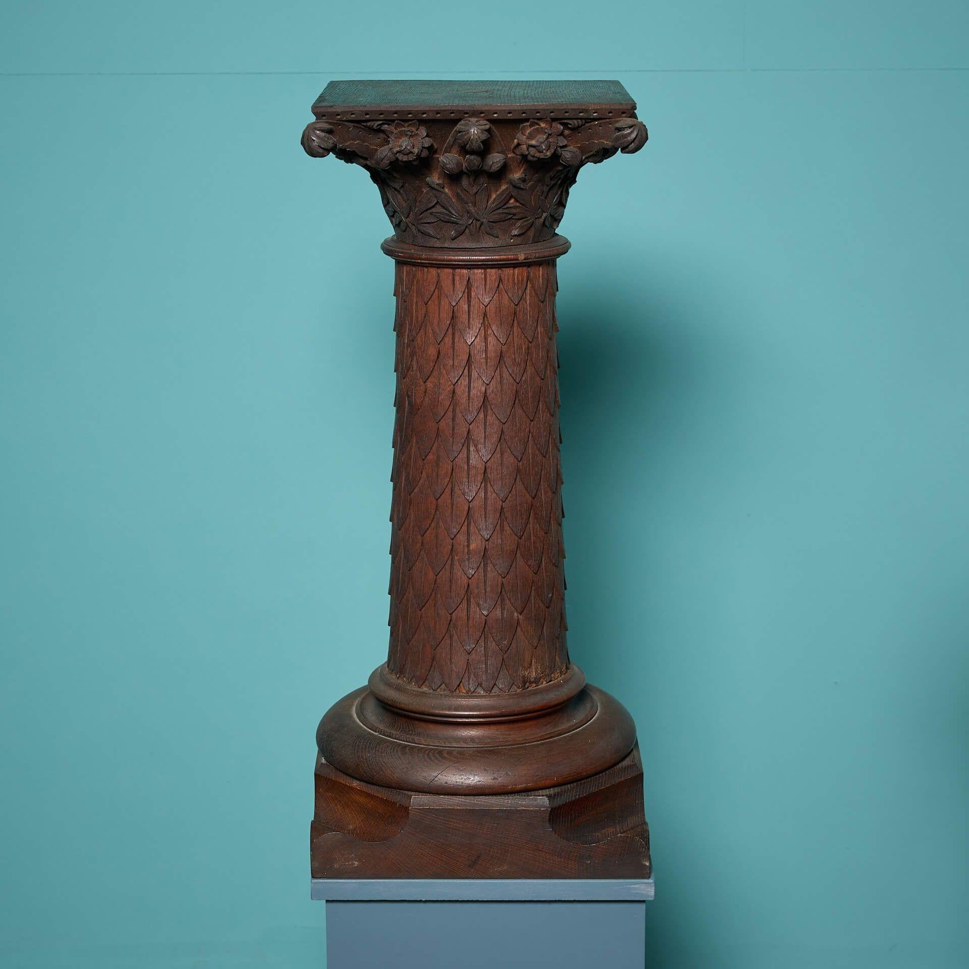 Pair of Antique Carved Oak Column Pedestals In Fair Condition For Sale In Wormelow, Herefordshire