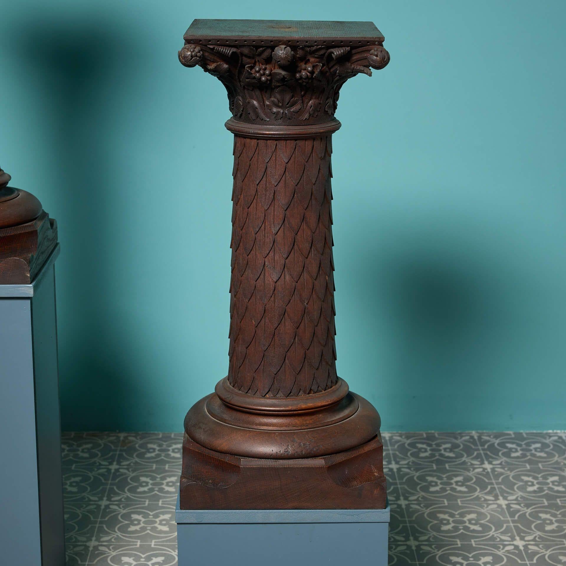 20th Century Pair of Antique Carved Oak Column Pedestals For Sale