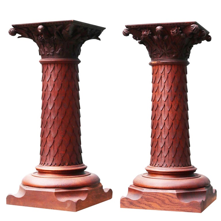 Pair of Antique Carved Oak Column Pedestals For Sale at 1stDibs