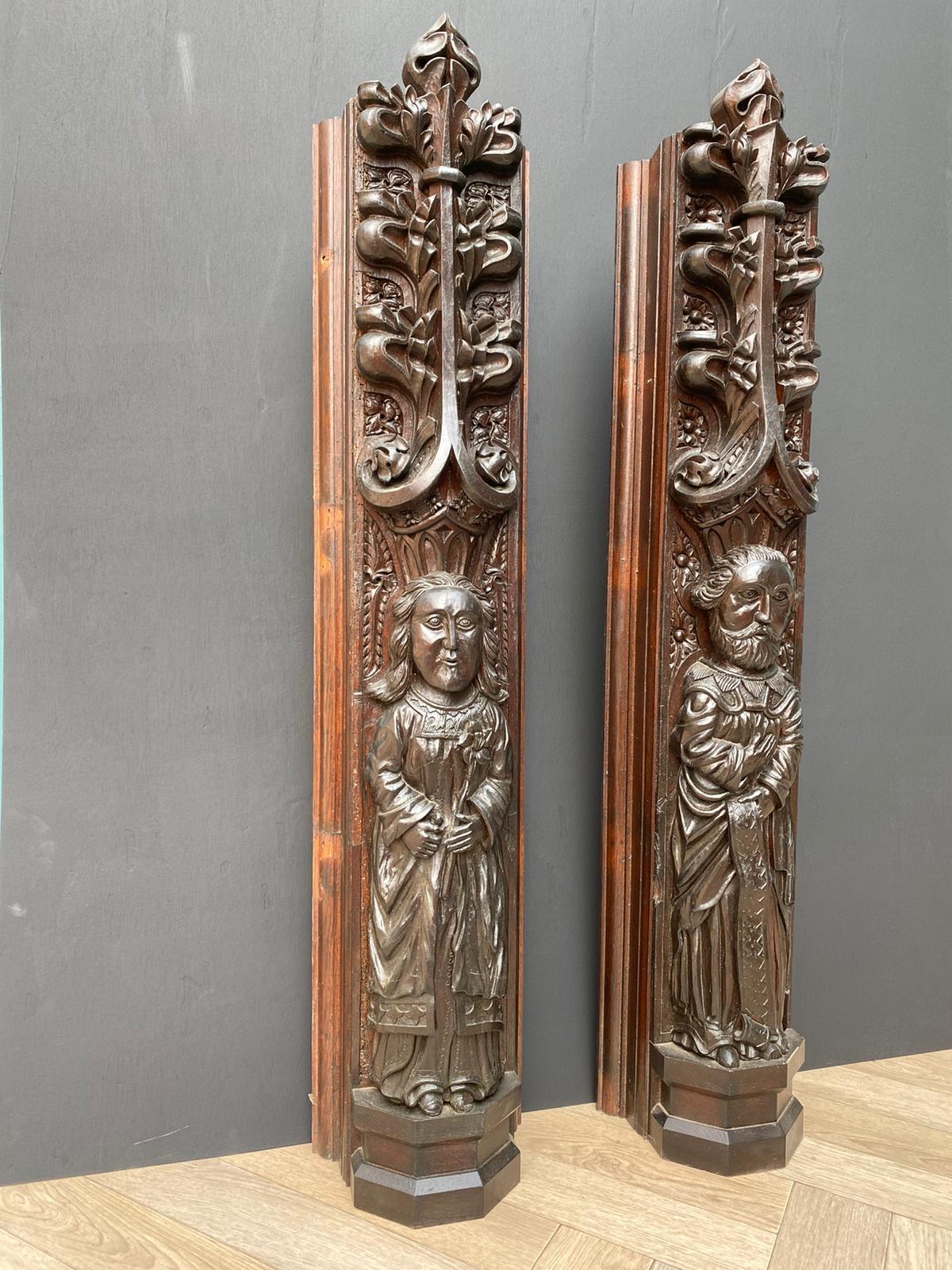 A pair of well carved ecclesiastical figures, salvaged from a house in Hampshire.

Additional Dimensions

Each carving;

Height 114 cm

Width 23 cm

Depth 15 cm.