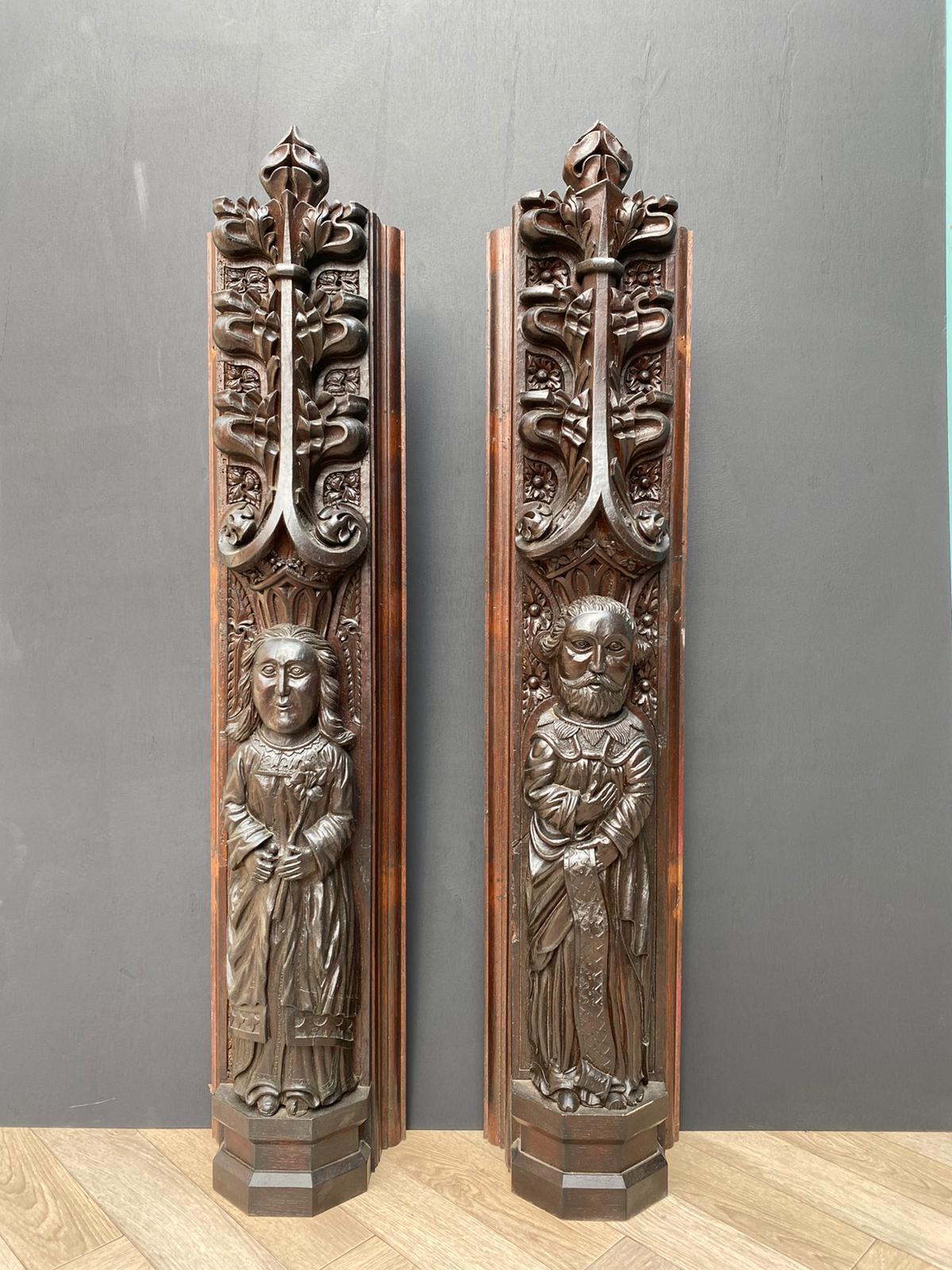 19th Century Pair of Antique Carved Oak Figures