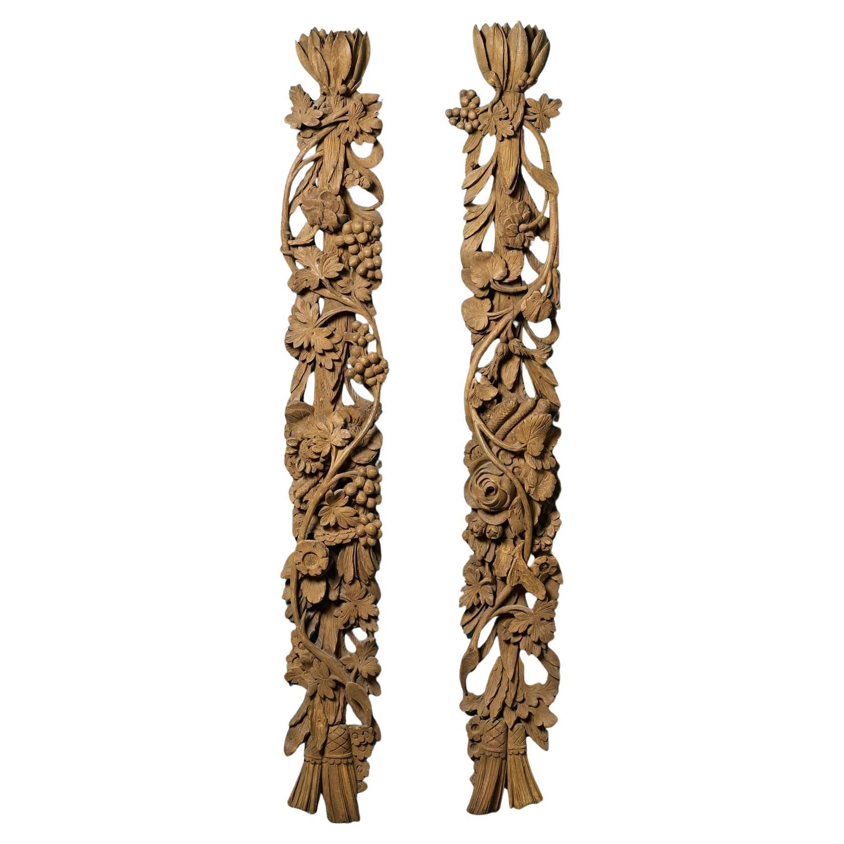 Pair of Antique Carved Oak Foliage Wall Hangings
