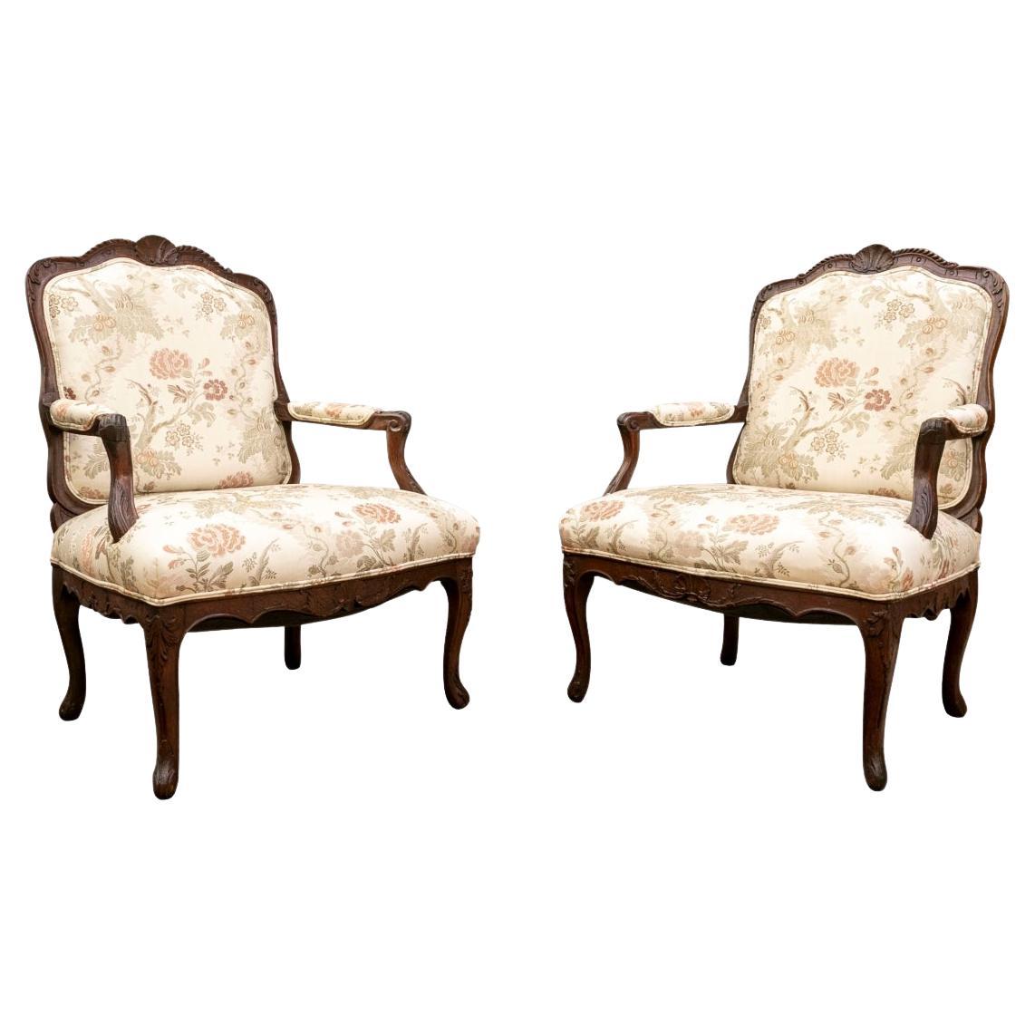 Pair Of Antique Carved Oak Louis XV Style Fauteuil