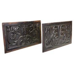 Pair of Antique Carved Oak Panels  17th Century English Coffer Panels