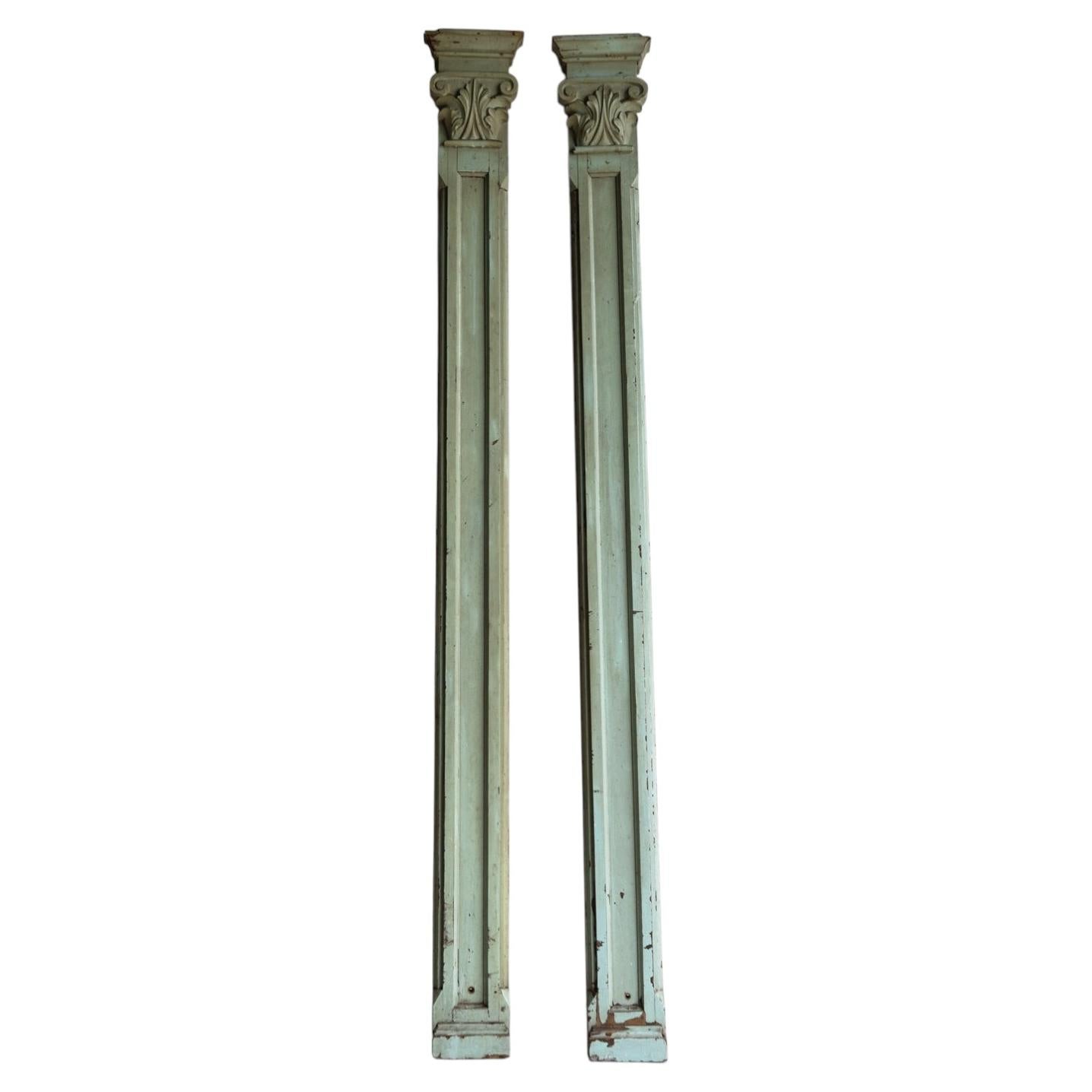 Pair Of Antique Carved Painted Wooden Pilaster Half Columns, 19th Century