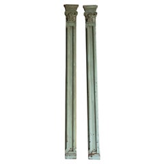 Pair Of Antique Carved Painted Wooden Pilaster Half Columns, 19th Century