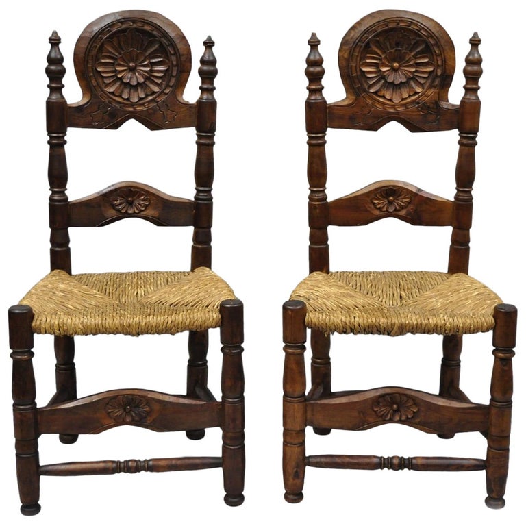 Pair of Antique Carved Pinewood Country French Rush Seat Ladder Back