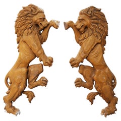 Pair of Antique Carved Polychrome Lions