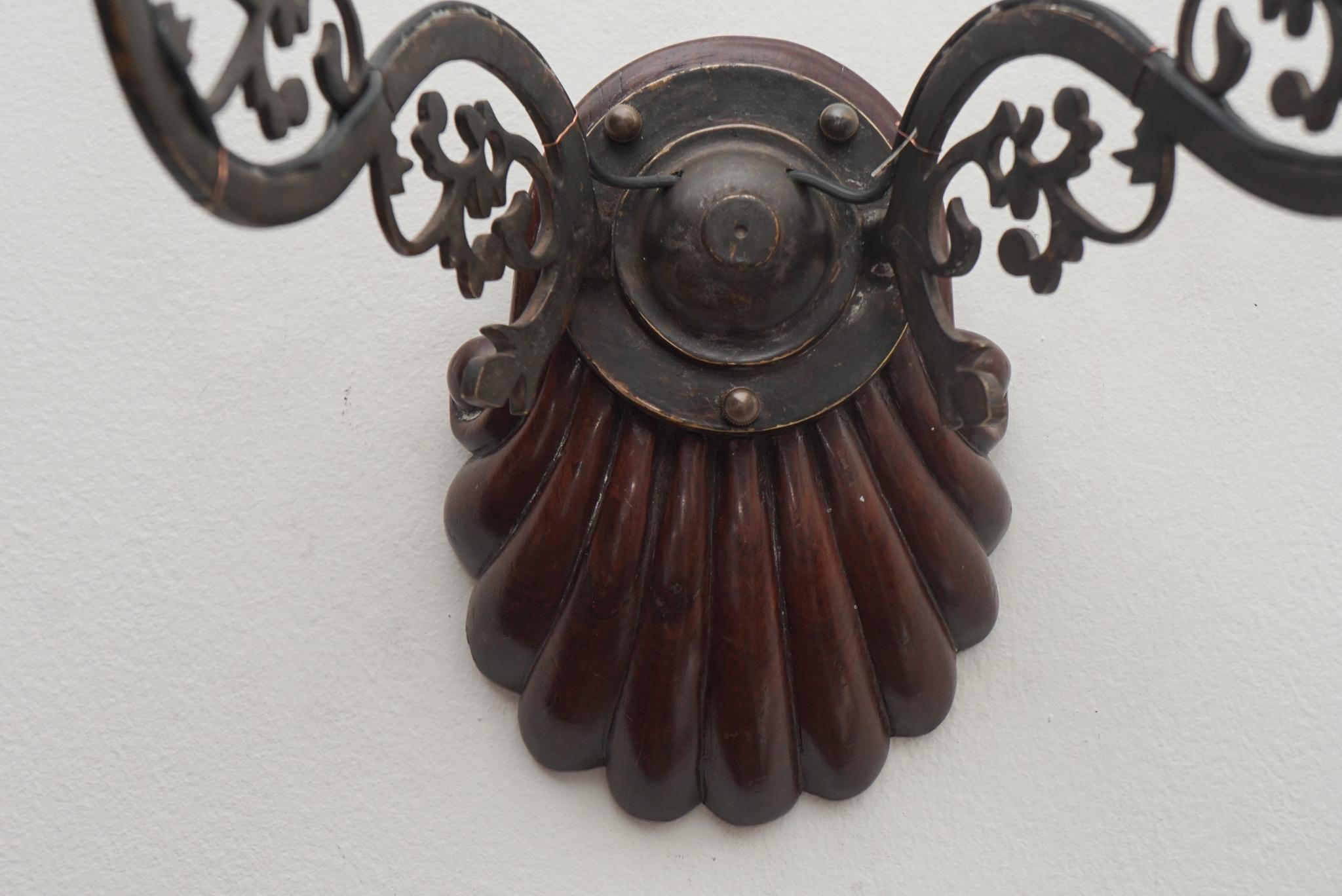 Asian Pair of Antique Carved Rosewood Wall Sconces  For Sale