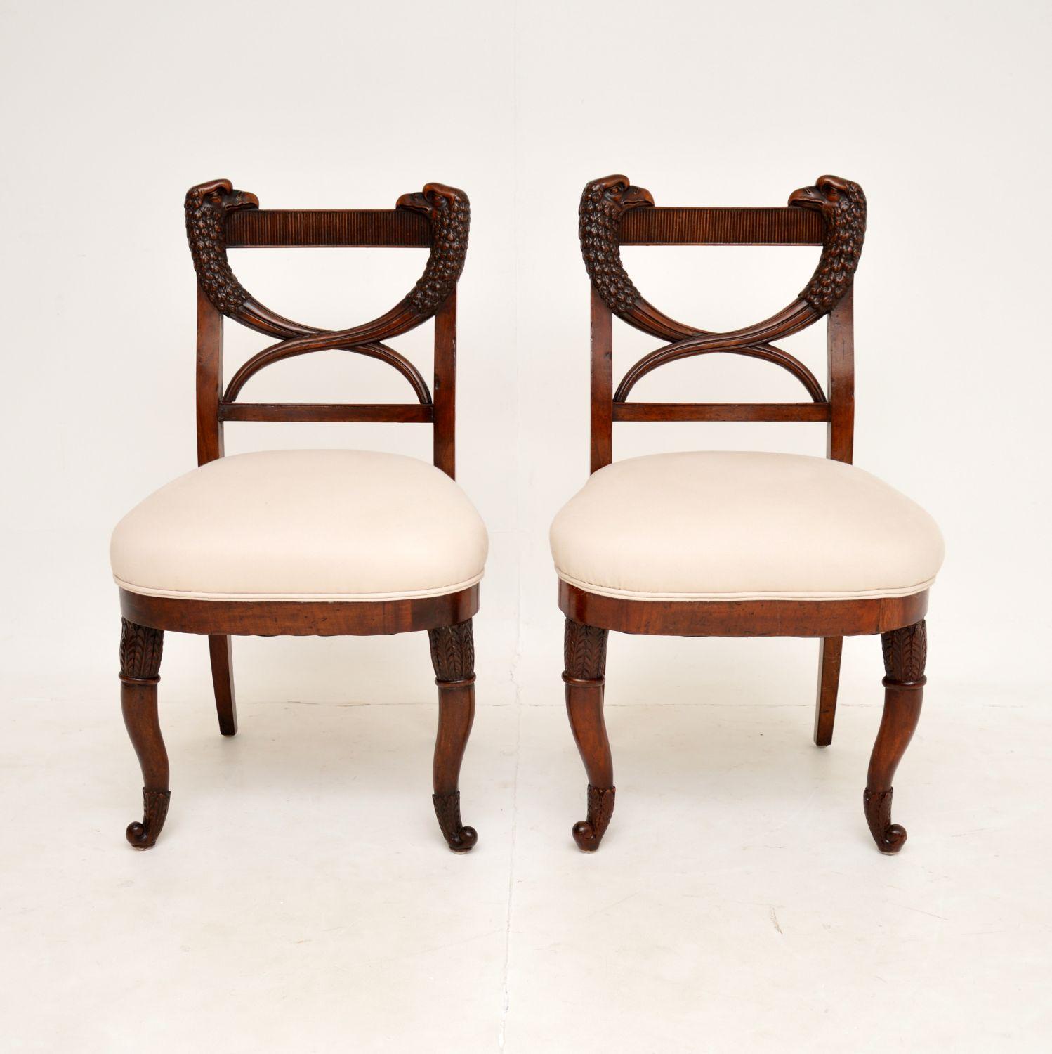 A fantastic pair of antique side chairs. They were made in continental Europe, possibly Denmark, or somewhere close and they are quite early, dating from around the 1790-1820 period, or even earlier.

The quality is outstanding, they have gorgeous