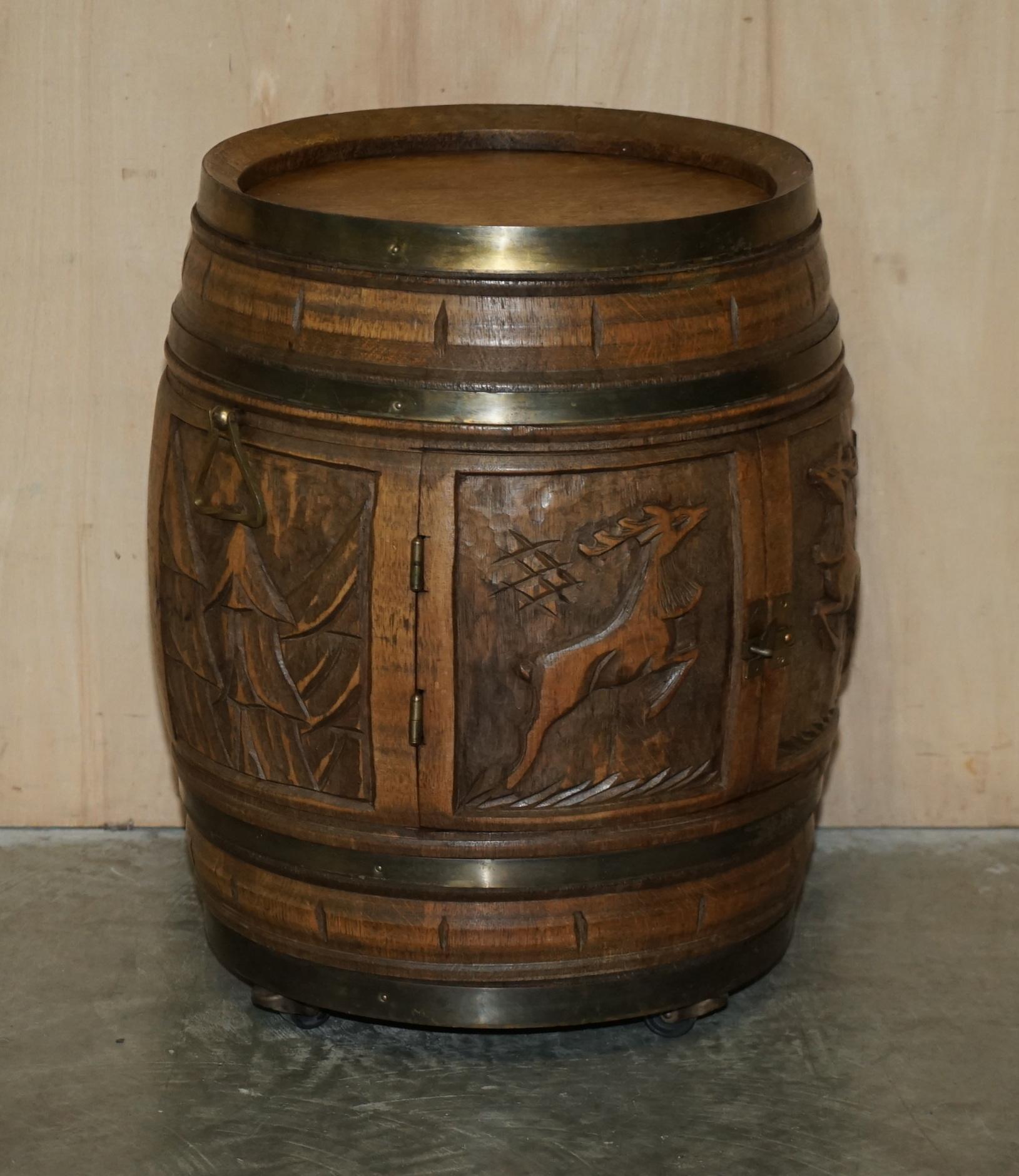 Pair of Antique Carved Side Table Sized Barrels Made into Bars / Drinks Holders For Sale 5