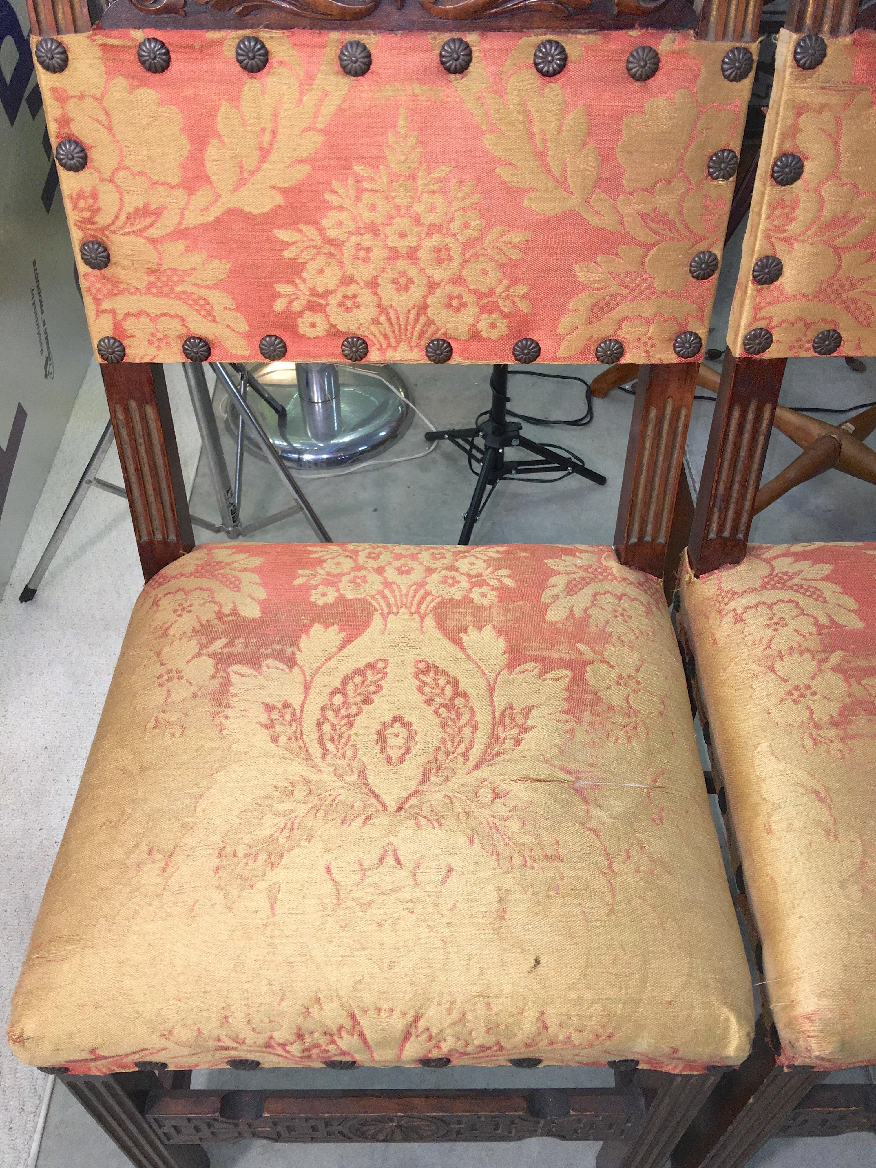 Pair of Antique Carved Spanish Hall Chairs in Original Vintage Fortuny 5