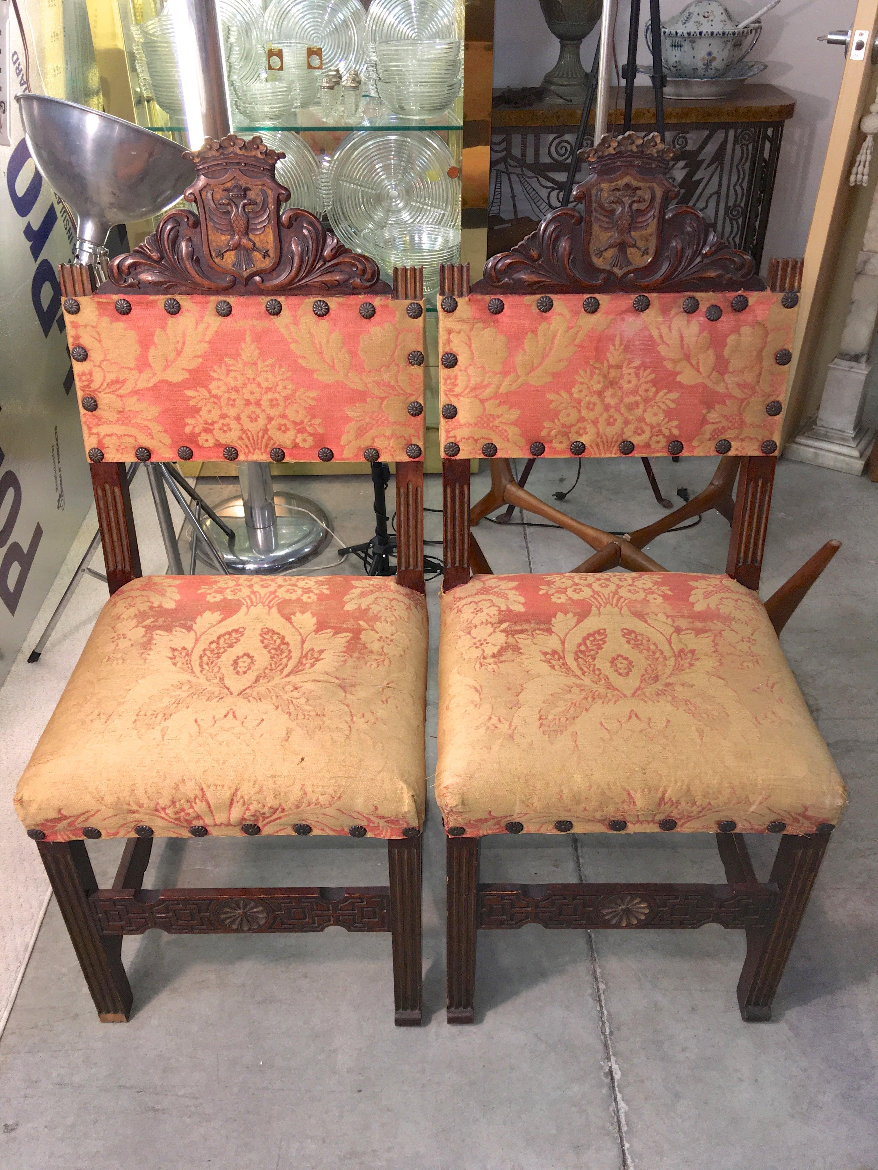 Pair of Antique Carved Spanish Hall Chairs in Original Vintage Fortuny 6