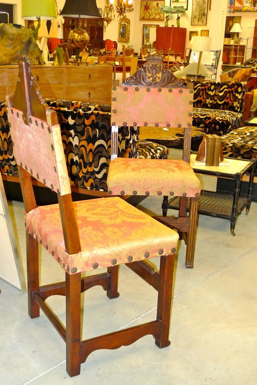 Pair of Antique Carved Spanish Hall Chairs in Original Vintage Fortuny 8