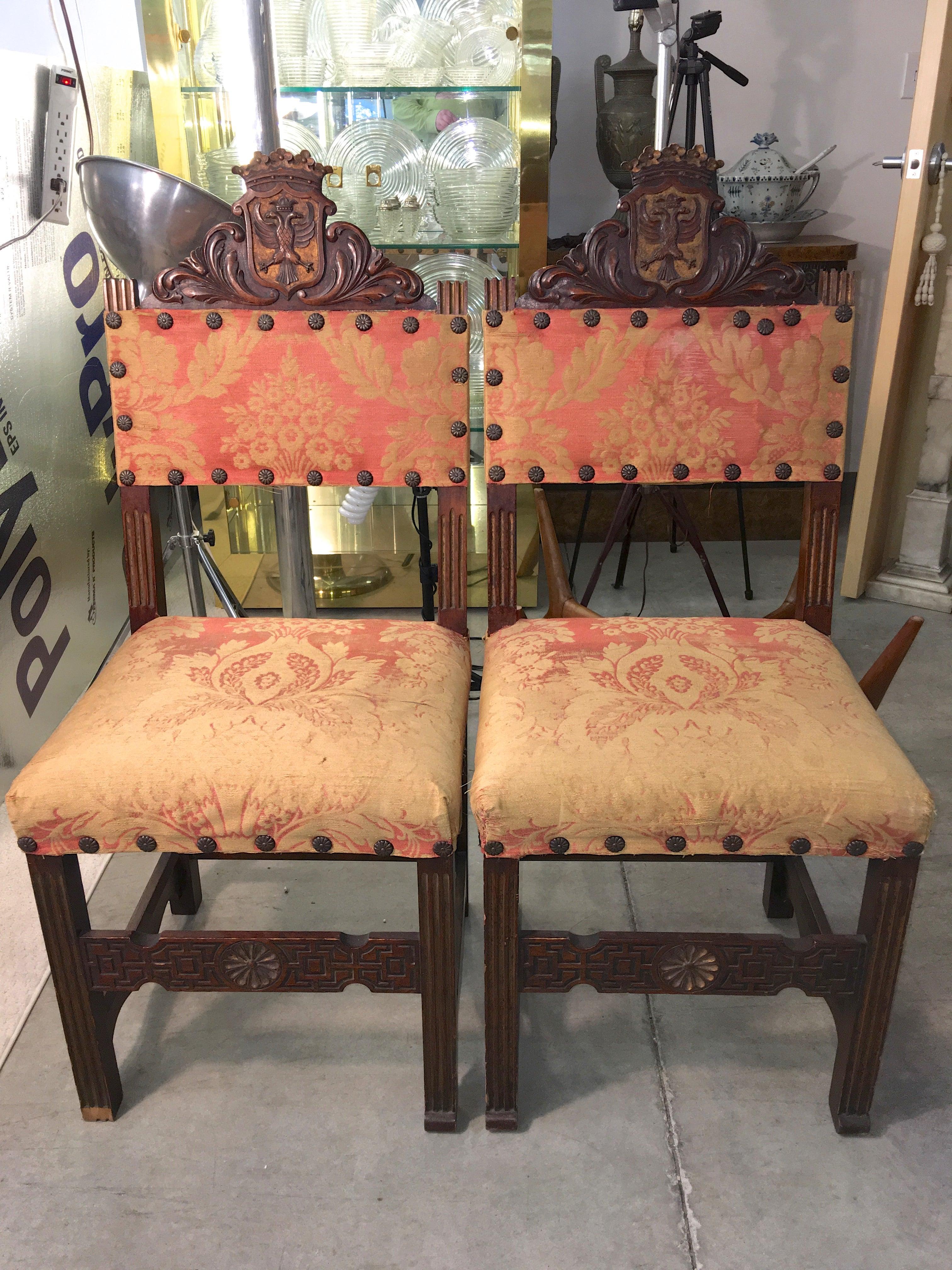 Pair of Antique Carved Spanish Hall Chairs in Original Vintage Fortuny 2