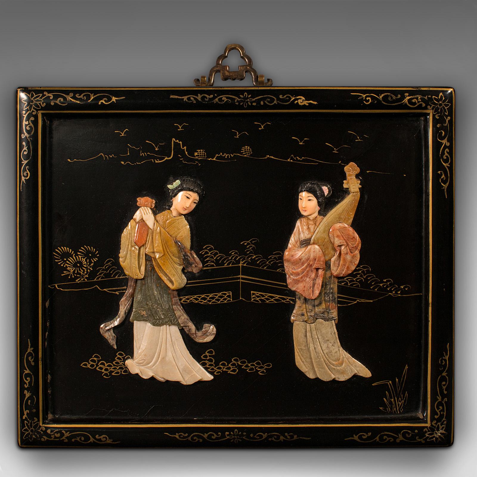 Japonisme Pair of Antique Carved Stone Panels, Japanese, Decorative, Figures, Victorian For Sale
