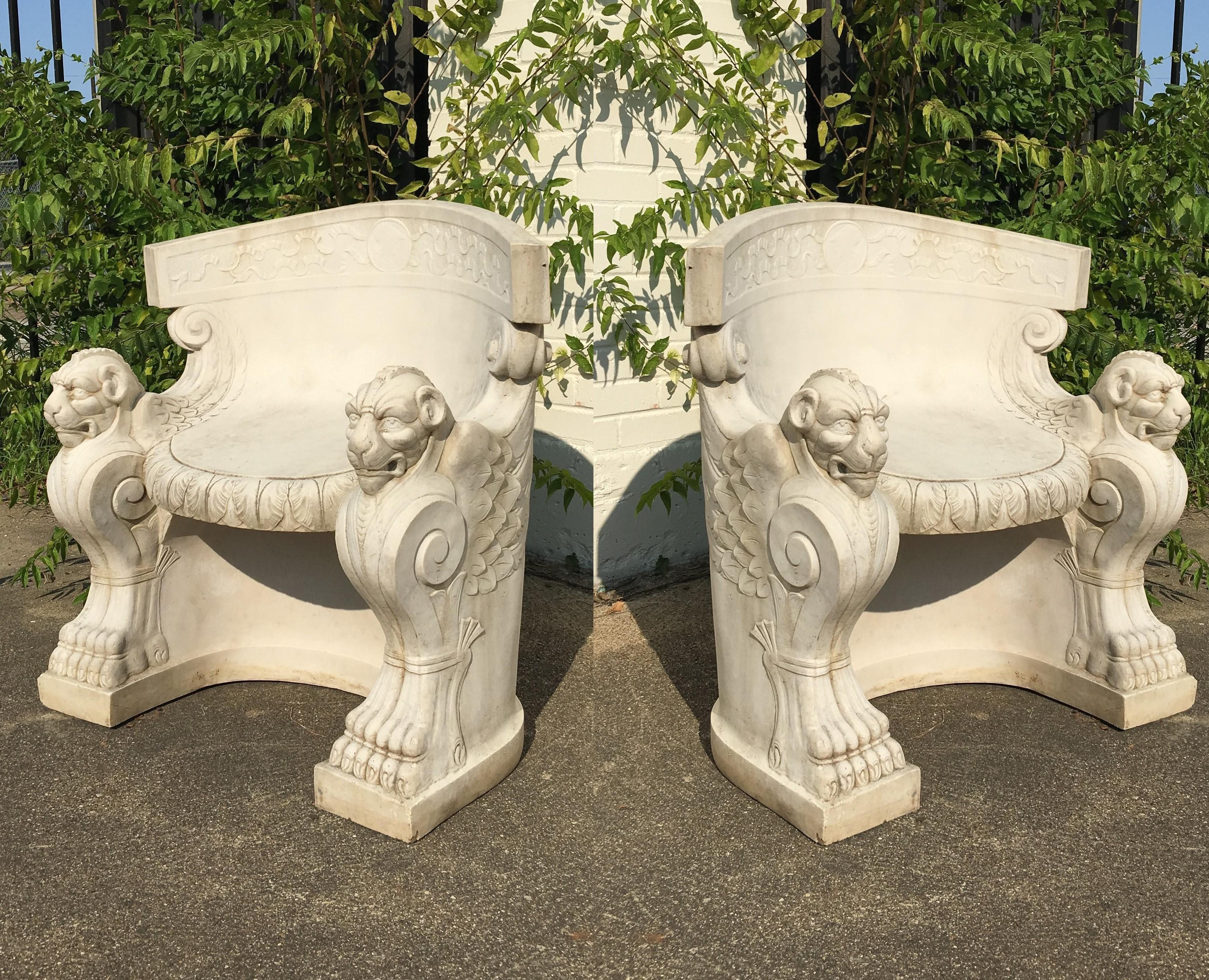 19th Century Pair of Antique Carved Stone Throne Chairs, Italy
