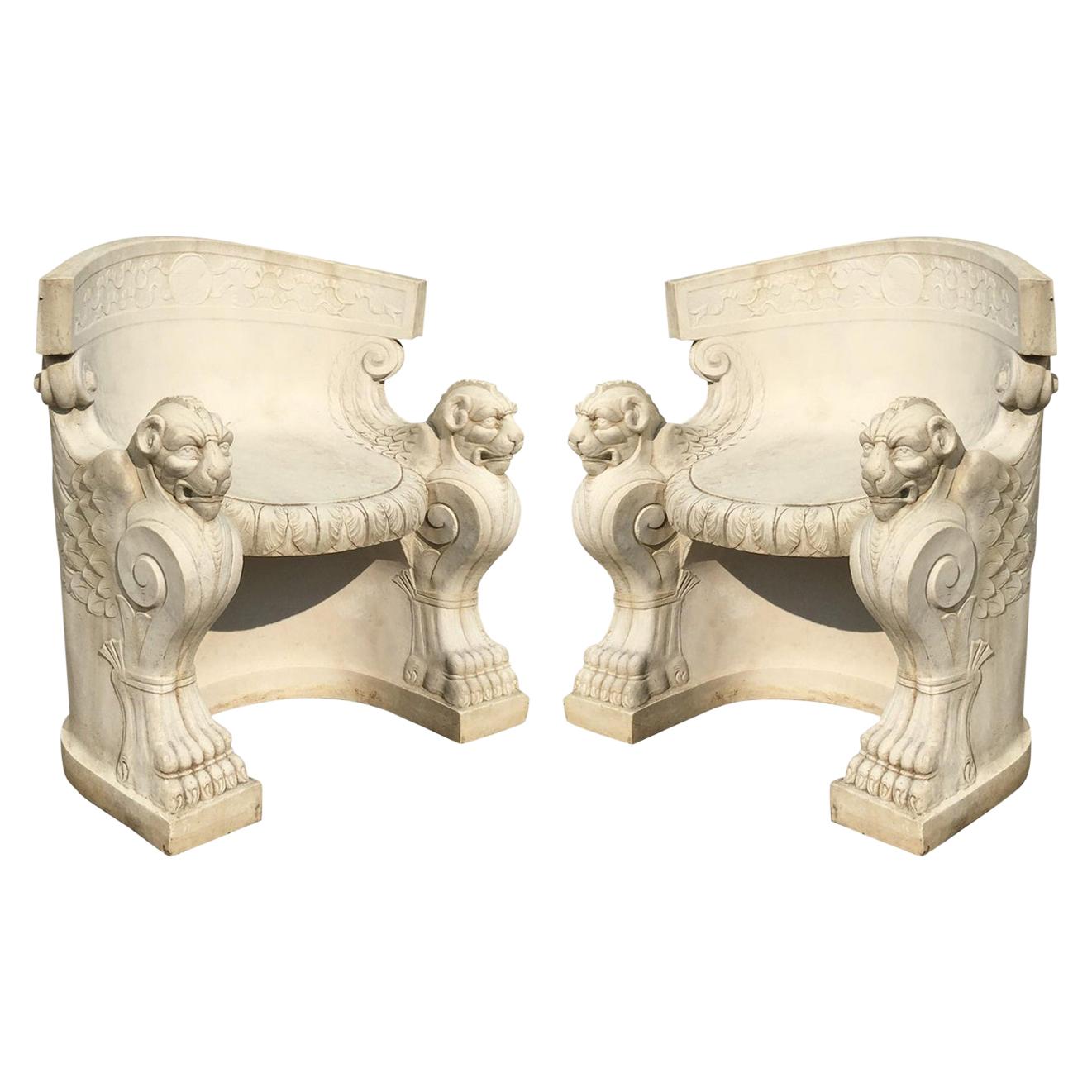 Pair of Antique Carved Stone Throne Chairs, Italy