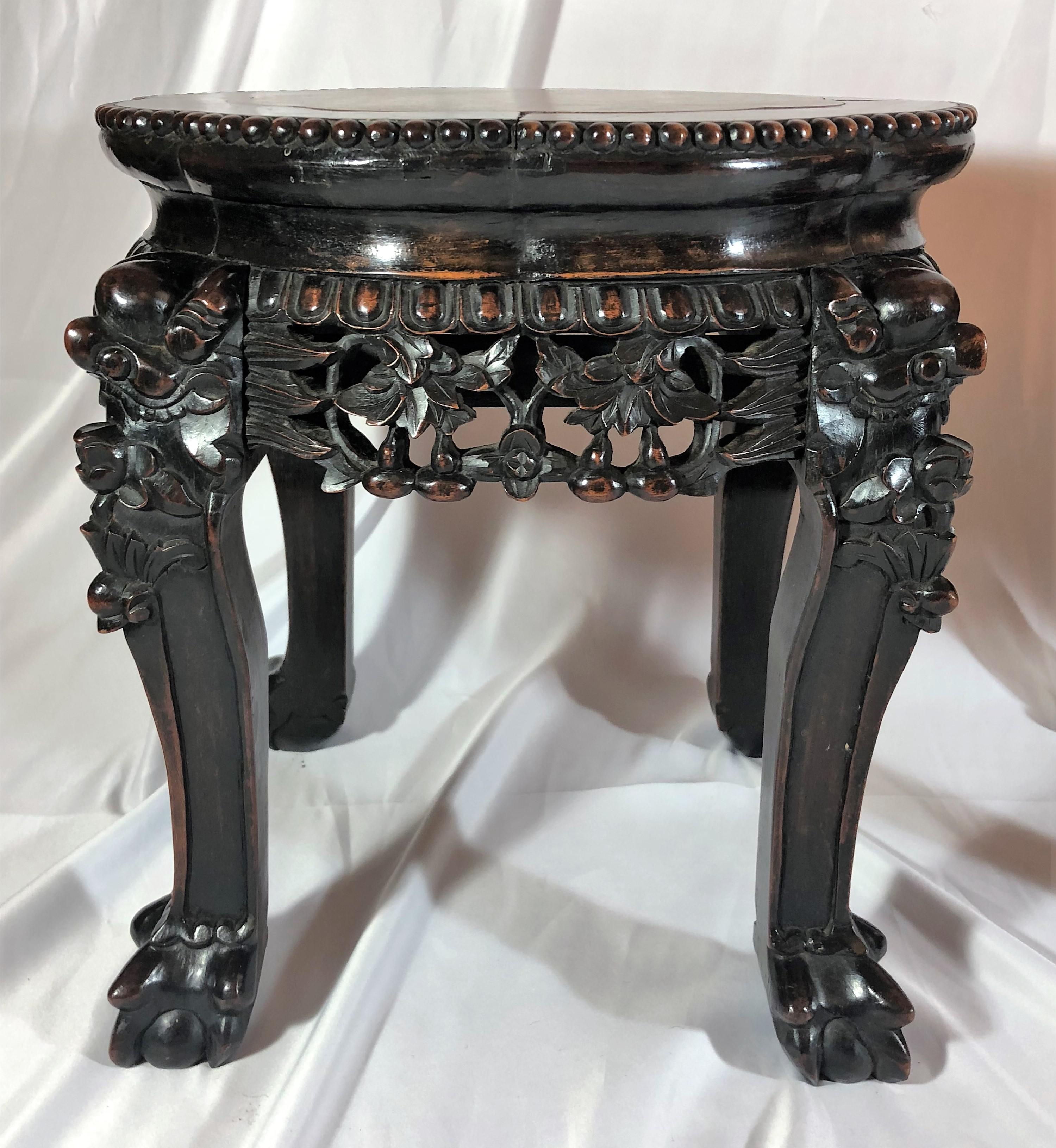 French Pair of Antique Carved Teak Stands with Marble Tops For Sale